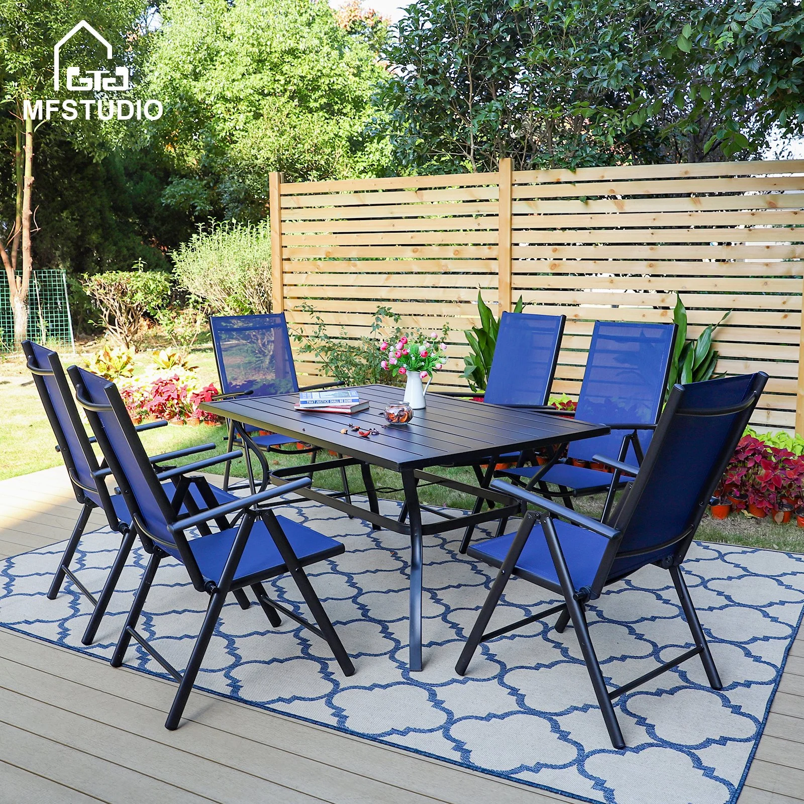 MF Studio 7-Piece Patio Dining Set with Rectangle Table&Textilene Folding Chairs for 6 Persons, Blue