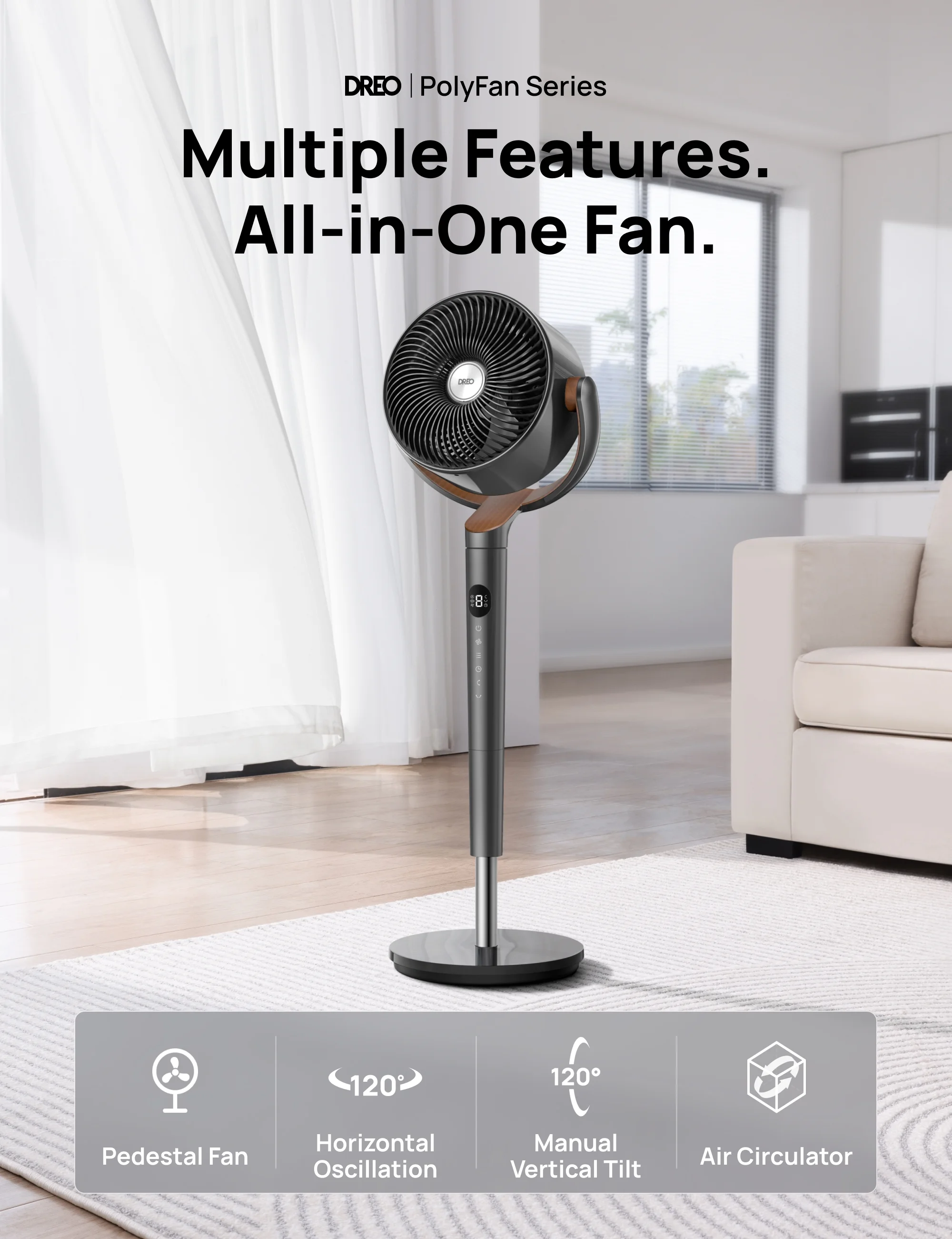 Dreo Fan for Bedroom, 120° Oscillating Standing Fan, DC Motor, Quiet Pedestal Fans, 8 Speeds, 3 modes, 23dB Low Noise, Air Circulator for Whole Room, 35-40'' Adjustable Height, Smart Control