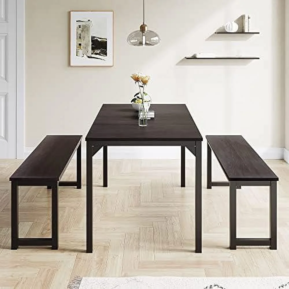 TJUNBOLIFE Dining Table Set for 4-6 Modern Rustic Table with Metal Frame and Wood Board for Kitchen & Dining Room with  Space-Saving Dinette for Small Space Black&Walnut  3-Piece