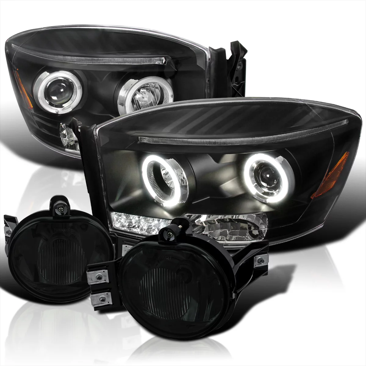 Spec-D Tuning LED Halo Projector Headlights Black + Bumper Fog Light Smoke Compatible with 2006-2008 Dodge Ram Left + Right Pair Headlamps Assembly