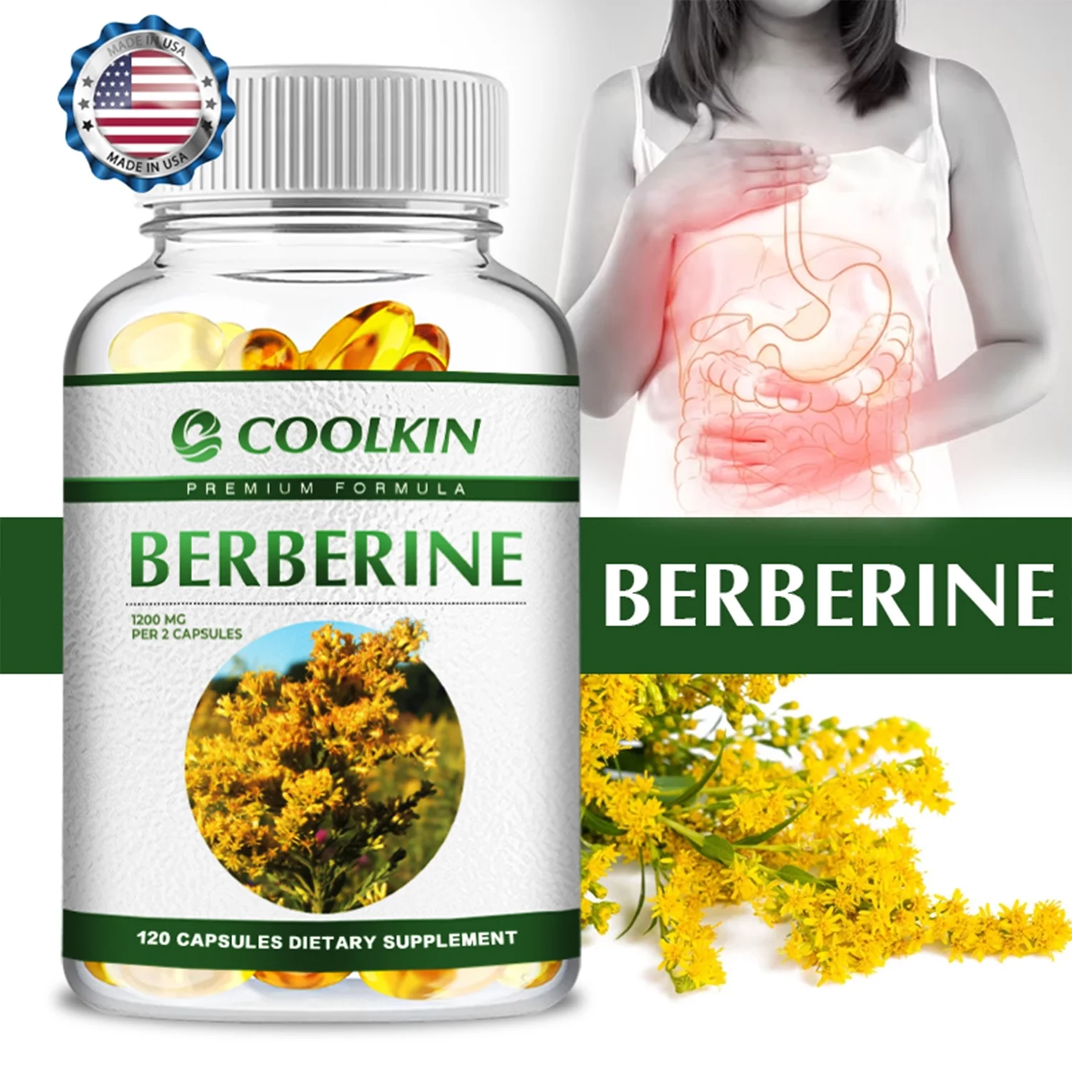 Coolkin Berberine 1200mg -Heart Health, Blood Sugar Balance and Control -Berberine HCI(30/60/120pcs)