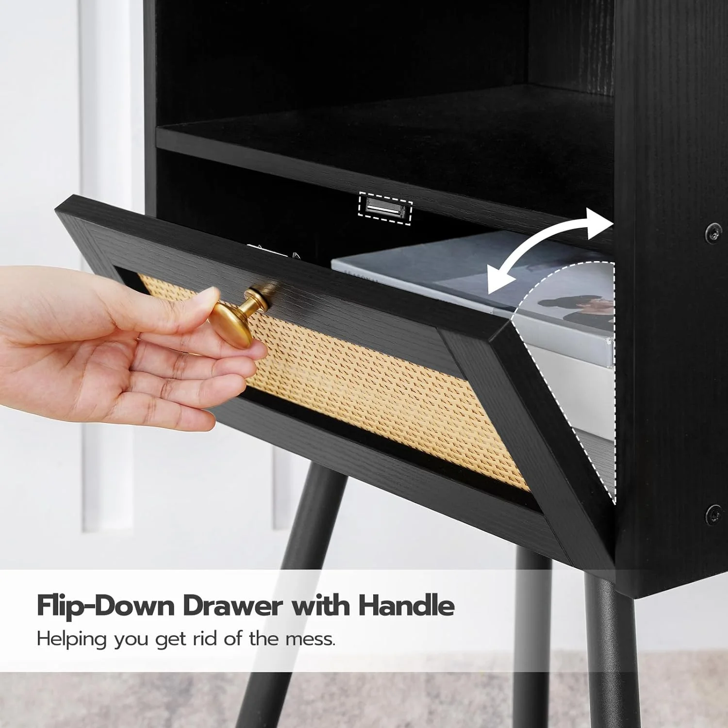 HOOBRO Set of 2 Nightstand Modern End Table Flip-Down Drawer Rattan Bedroom Office Study Room Black BB92UBZP201