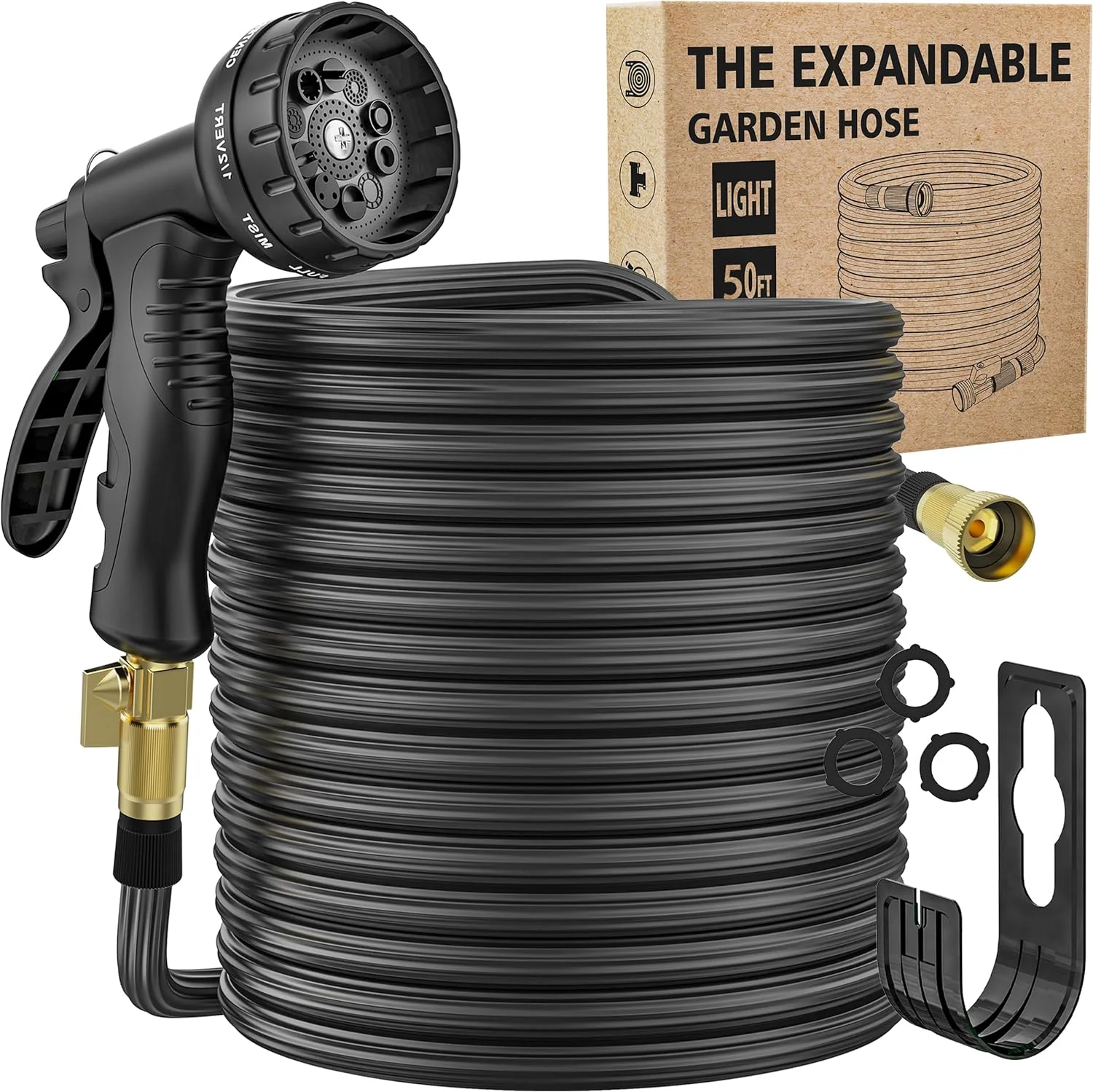 50Ft Expandable Garden Hose with 10 Function Spray Nozzle, Nano Rubber latex High Elastic Multilayer Leakproof Pipe, 3/4Anti Leak Connector, No Kink Lightweight Flexible Water Hose(50FT, Black)