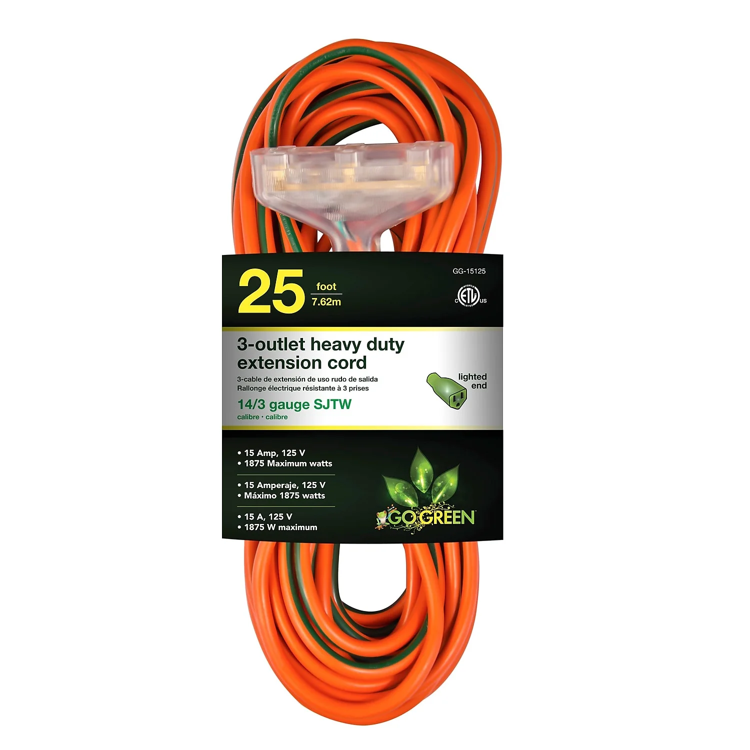GoGreen Power (GG-15125) 14/3 25’ 3-Outlet SJTW Outdoor Extension Cord, Lighted Extension Cord, 25 ft