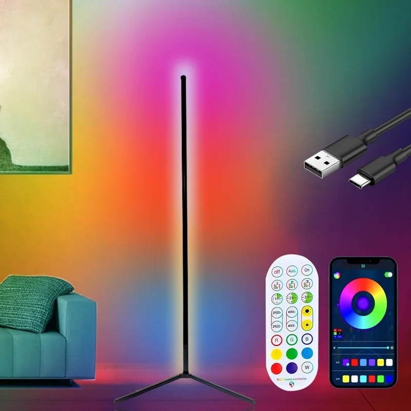 Bestechy RGB Corner Floor Lamp, Color Changing LED Light With Music Sync, 56'' Modern Mood Lighting Corner Lamp With App & Remote Control, DIY Mode, 16 Million Colors, Multi Scene Mod