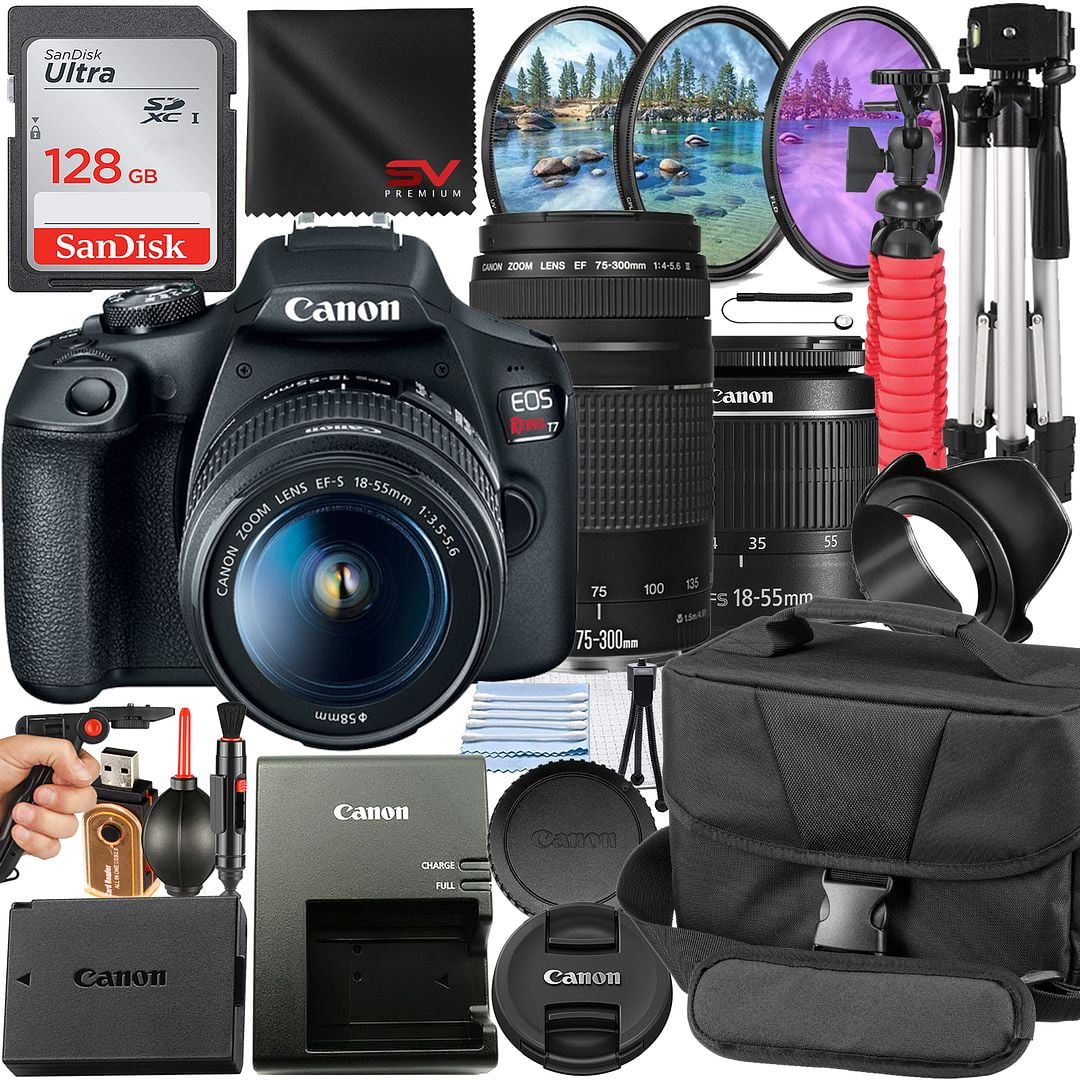 Canon EOS Rebel T7 DSLR Camera Bundle with 18-55mm + 75-300mm Lens + 128GB SanDisk Card + Case + Filter Kit + Tripod + SV Premium Accessory