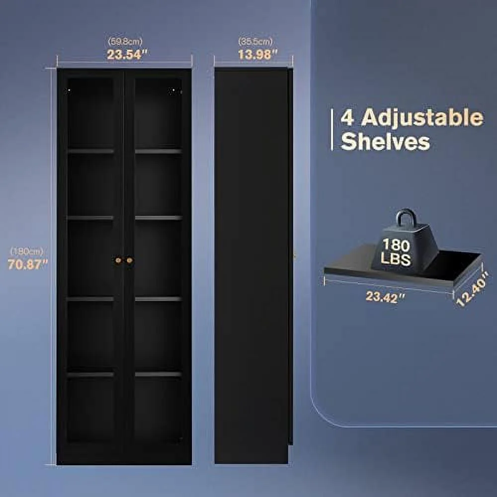 YPDCHB Metal  Cabinet with 2 Plexi-Glass & 4 Adjustable Shelves  72" Tall Mid Century Curio Display Cabinet Bookcase  Modern Floor Utility Locker Cabinet for Office  Living Room