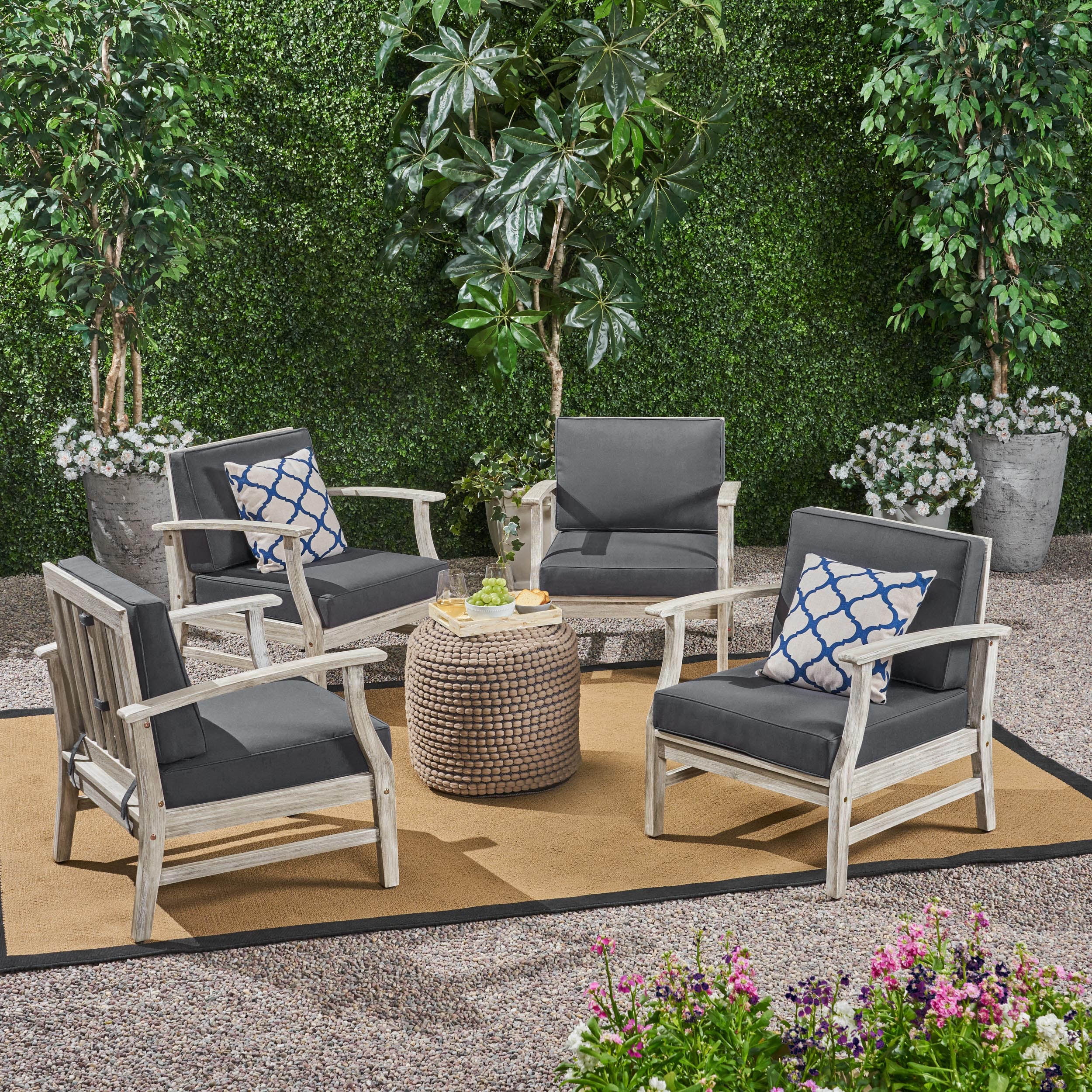 Eliseo Outdoor Acacia Wood Club Chairs with Cushions, Set of 4, Light Gray, Dark Gray