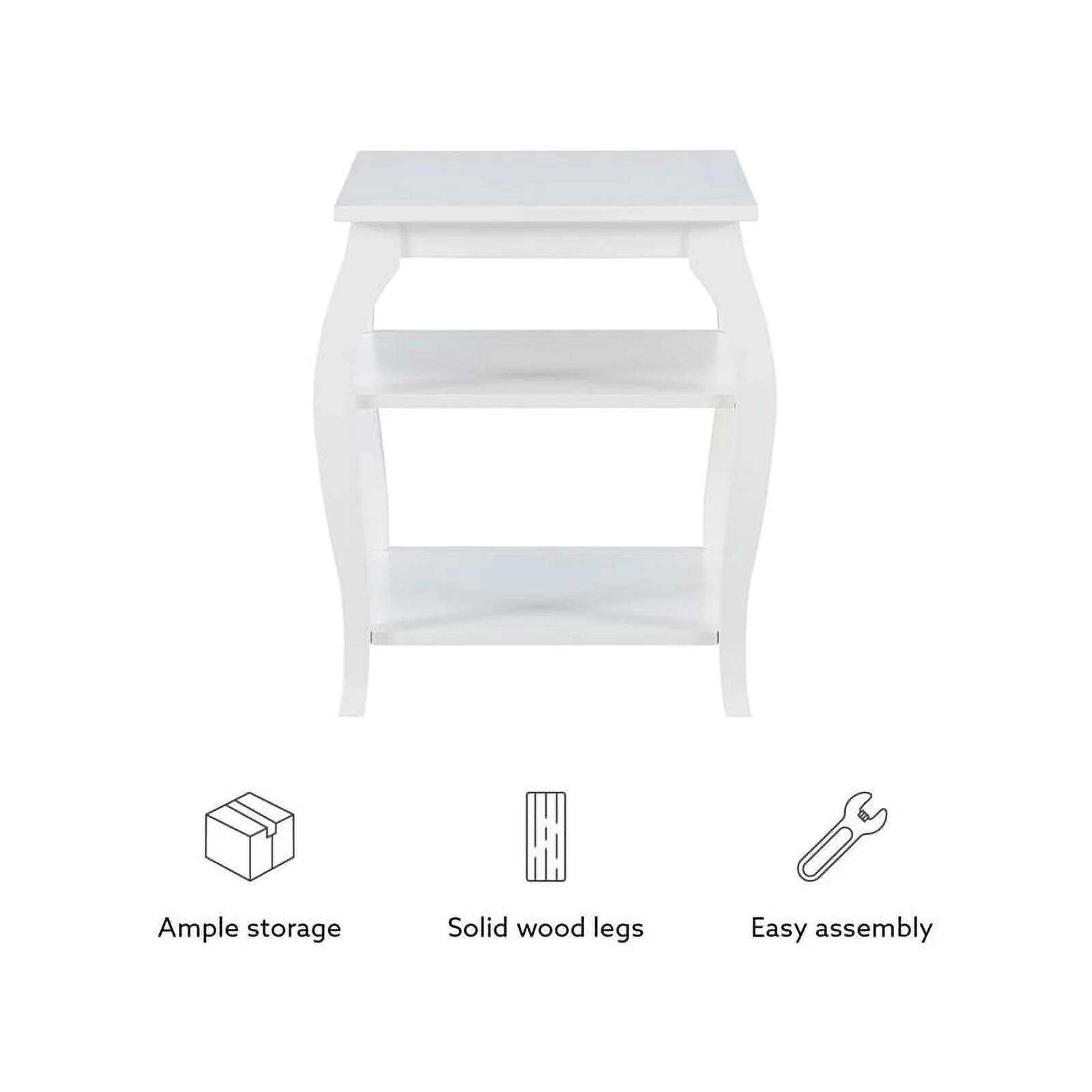 Linon Regan Wood Side Table Curved Legs 2 Spacious Shelves in White Finish