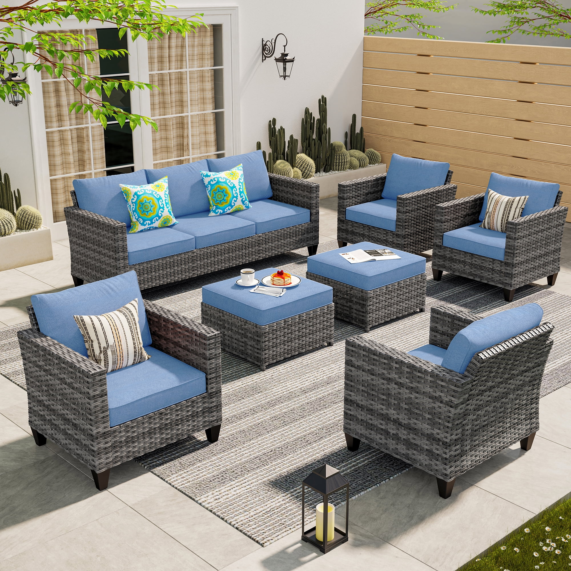 Ovios 7 Piece Patio Furniture Set Wicker Rattan Outdoor Conversation Sectional Furniture with Couch, Chair, Ottomans, Cushion for Backyard
