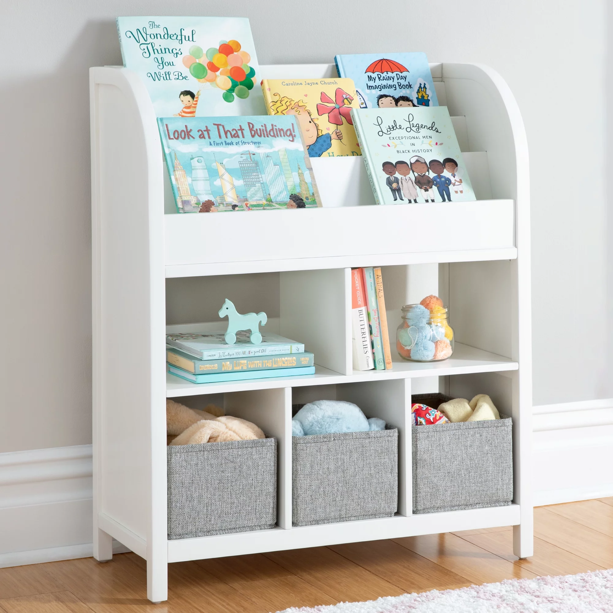 Martha Stewart Kids' Jr. Book and Bin Browser - Creamy White: Children's Bookshelf, Toy Storage with Book Display and Fabric Bins