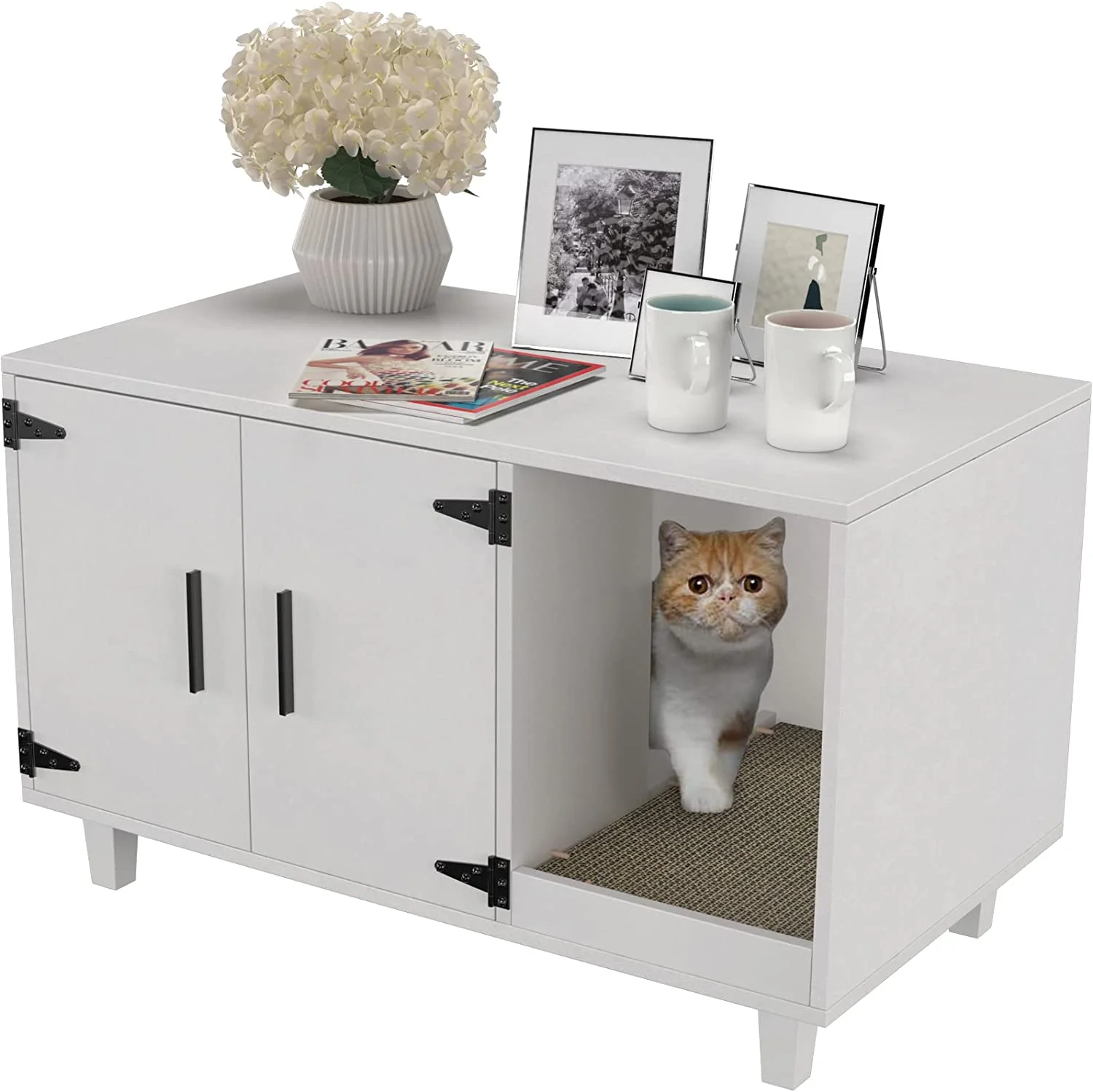 Modern Wood Pet Crate: Cat Washroom Hidden Litter Box Enclosure Furniture House, Nightstand with Scratch Pad, Stackable (White)