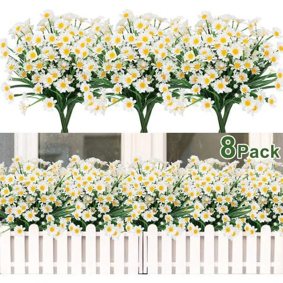 Sinhoon 8 Bundles Artificial Daisy Flowers UV Resistant Outdoor Decoration-Spring Decor Faux Plastic Greenery Shrub Plant Indoor Outside Hanging Planter Home Garden Window Box Décor(White)