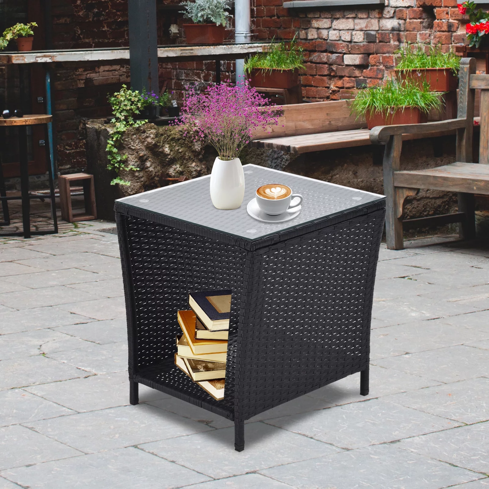 Seizeen Outdoor Side Table for Patio Rattan Furniture, Small Rattan End Table with Storage 2 Layer, Glass Top Coffee Table for Chairs Garden Porch Deck, 18inch