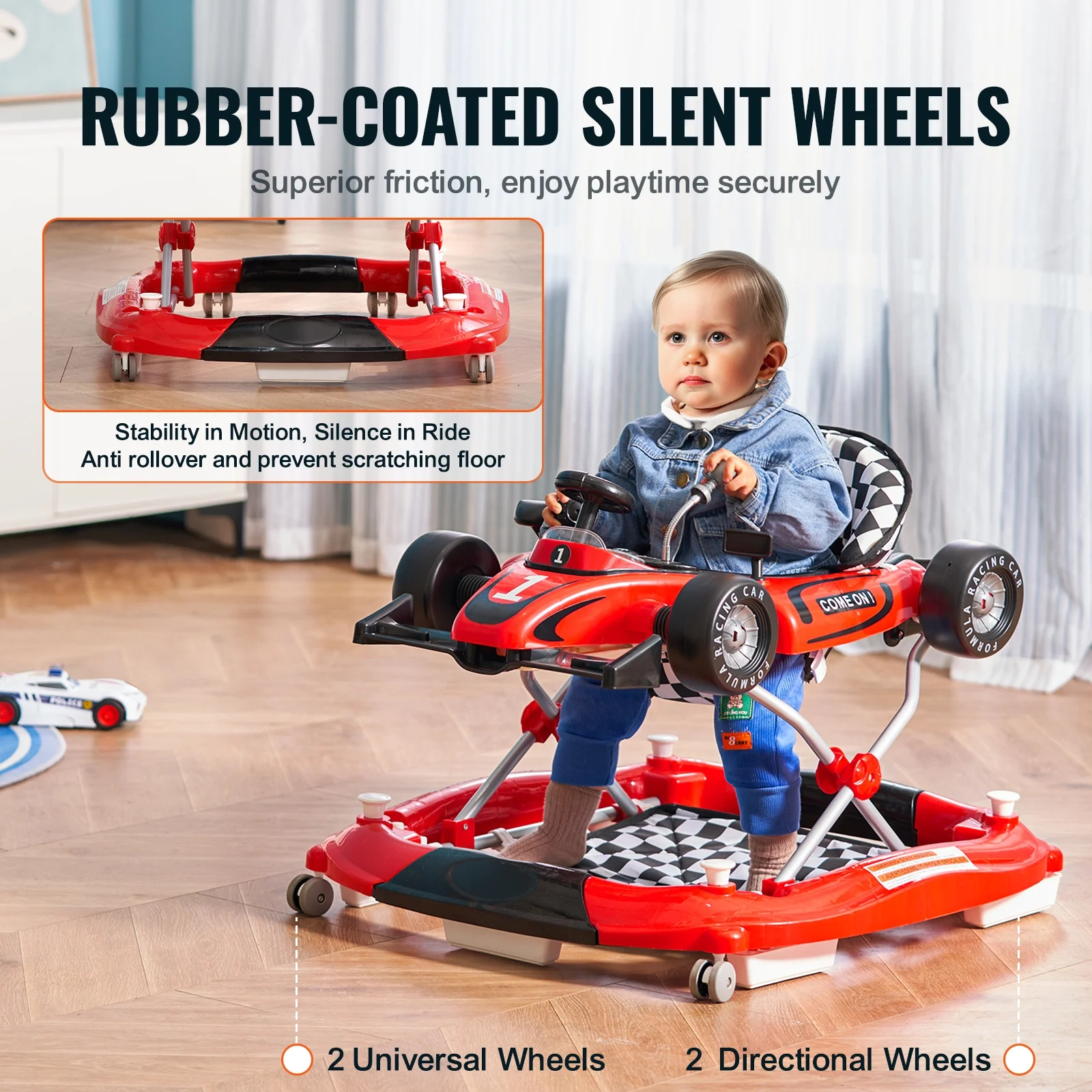 SKYSHALO Baby Walker 4 in 1, Foldable Height Adjustable Baby Walker with Wheels, Infant Toddler Walker with Foot Pads, Anti-Fall Baby Walker With Steering Wheel for Boys and Girls 6-24 Months