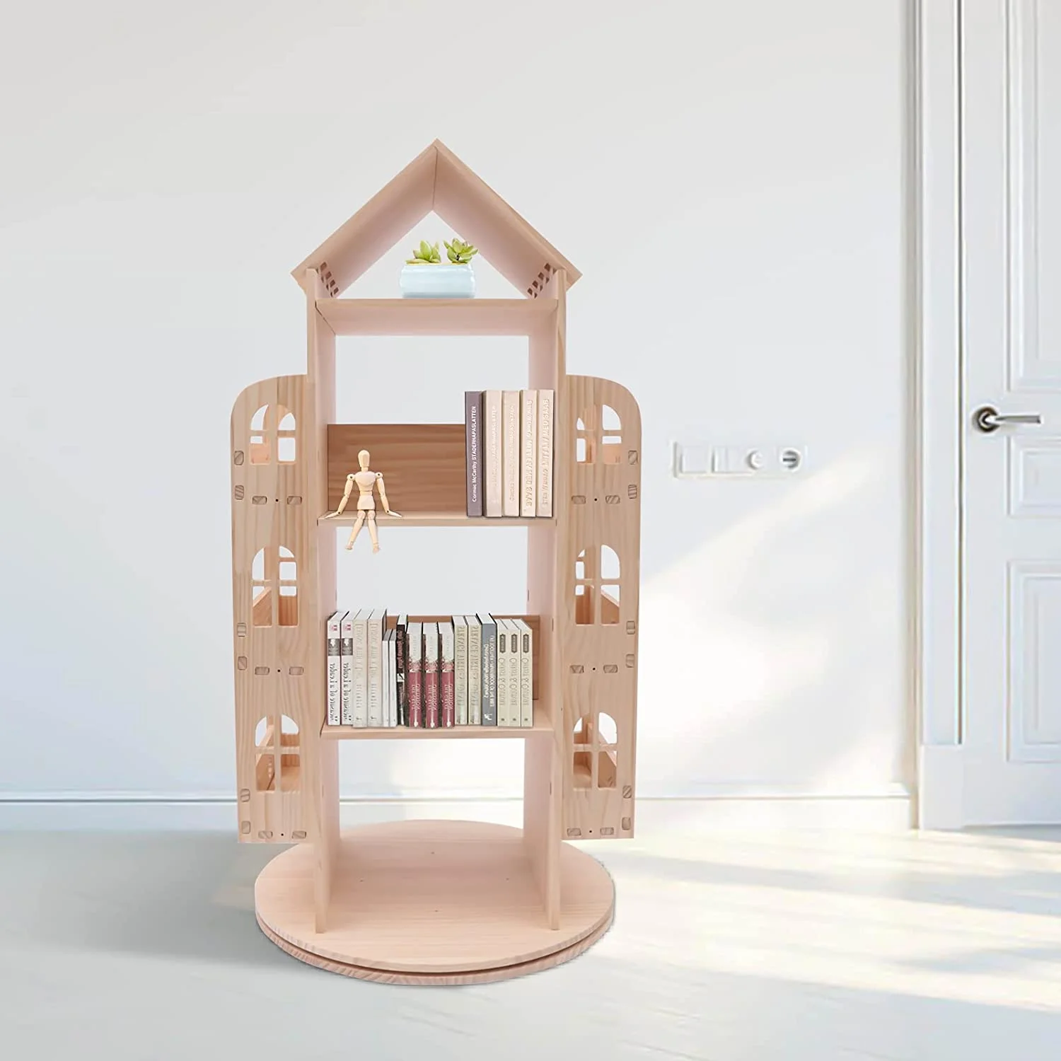 Fichiouy 360 Rotating 4-Tier Bookshelf Display Rack Stand Freestanding Storage Shelf Rack for Kids Display Case Bookrack