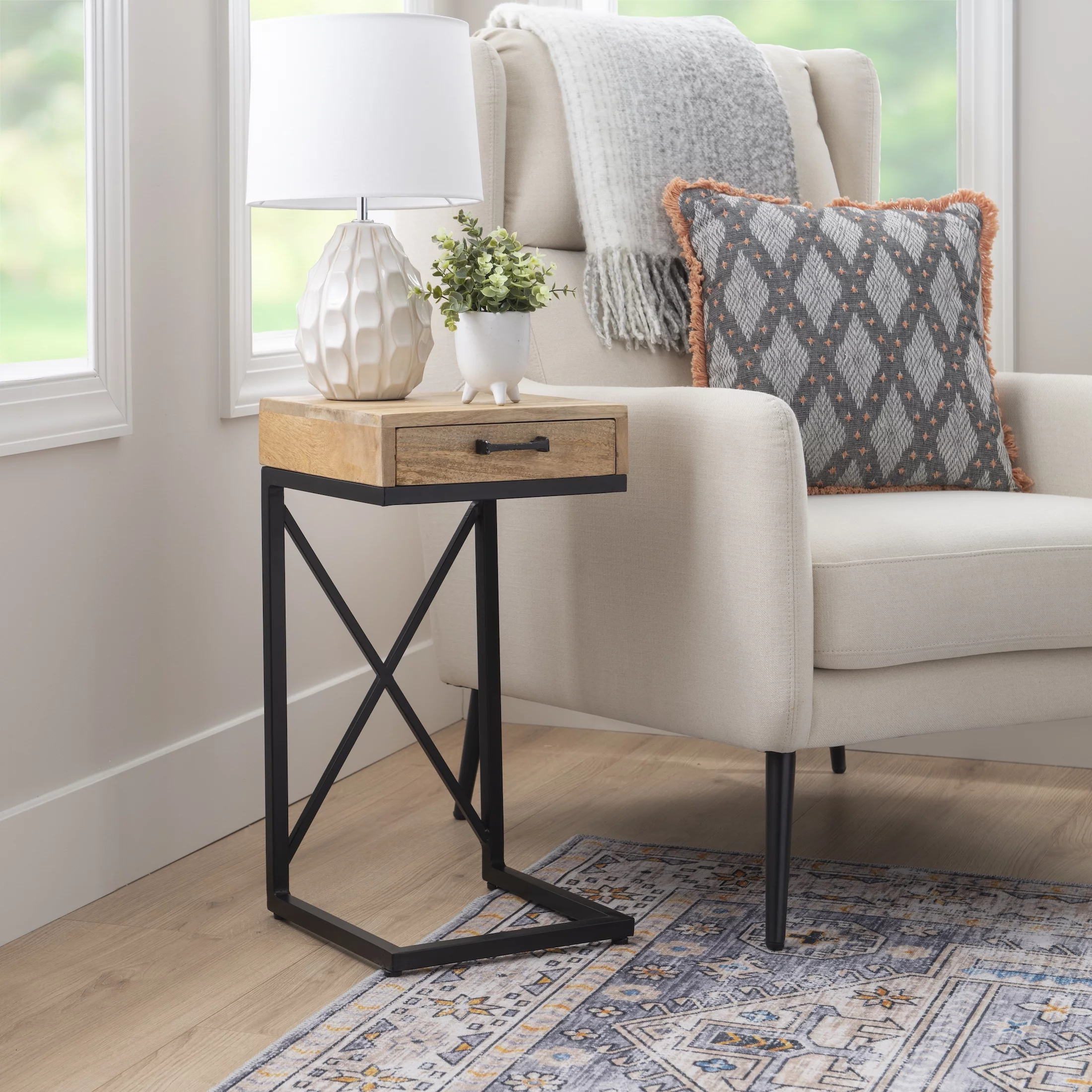 Chalgrove Mid-Century Metal Single Drawer C-Table, Black Base with Natural Wood Top
