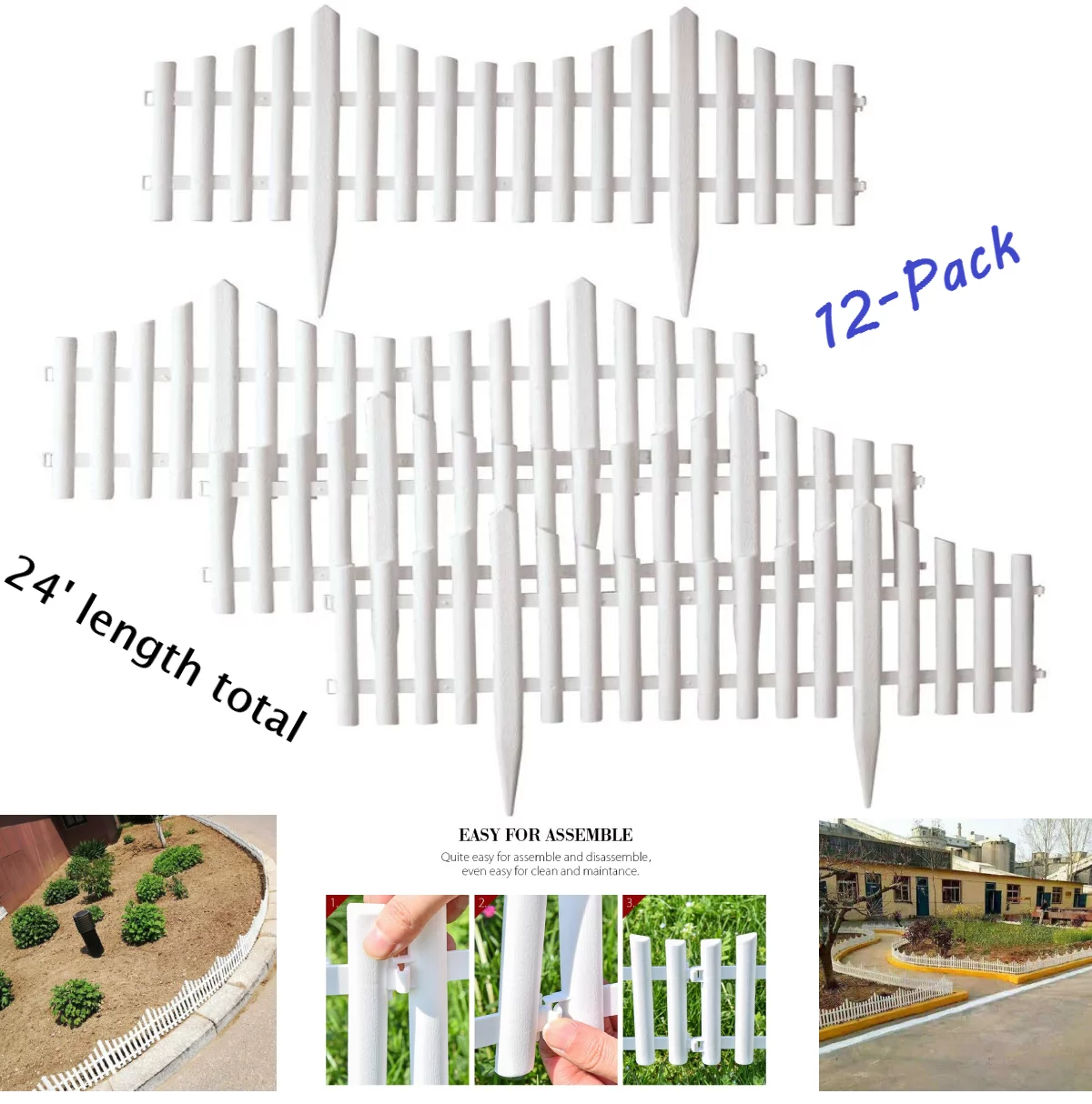 12pcs Flexible Garden Fences Garden Picket Fence Panels Edgings for Landscaping Edging, Grass Lawn Planter Borders, White