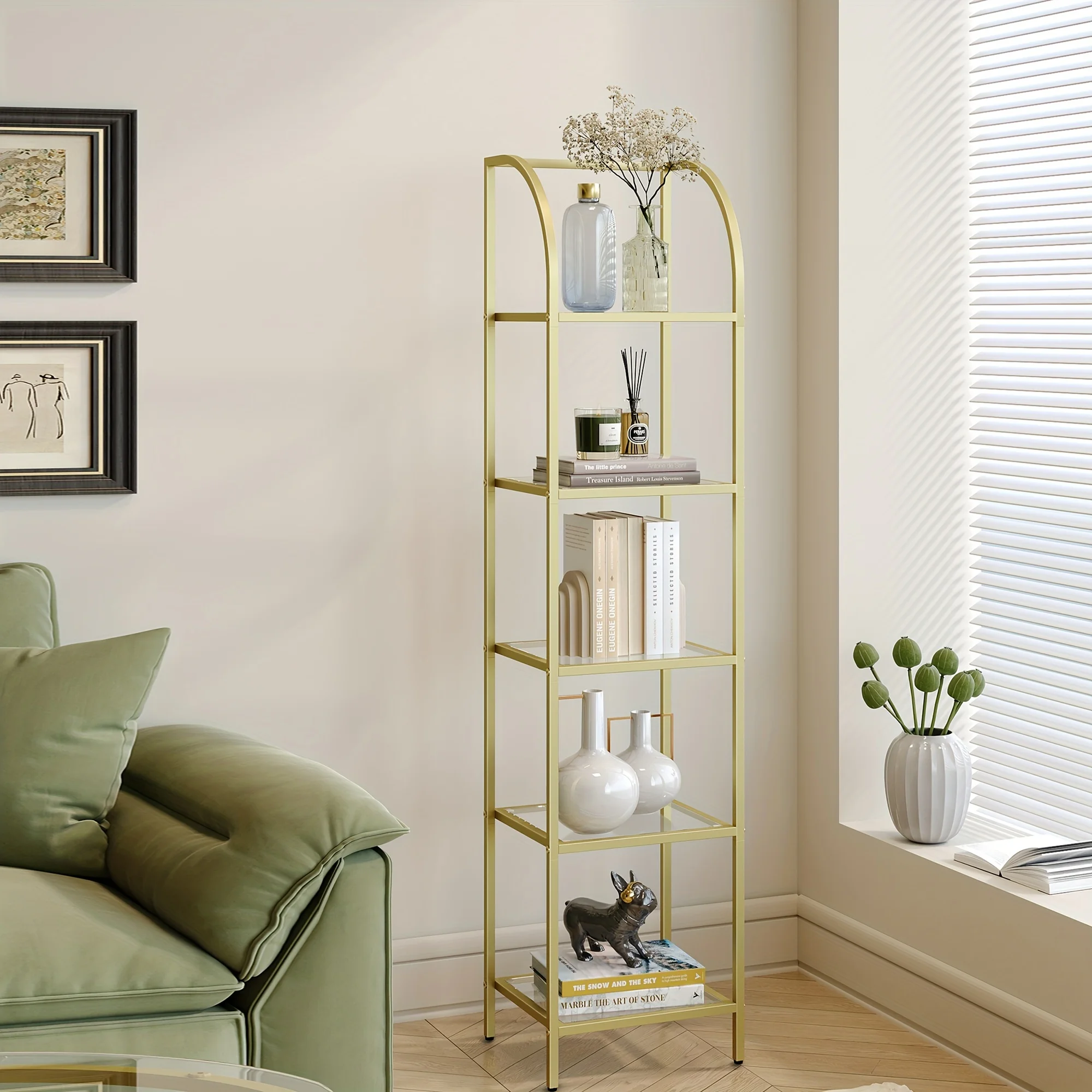 5 Tier Bookcase Bookshelf, Tempered Glass Arched Bookshelf for More Storage, Slim Shelving Unit for Bedroom, Bathroom, Home Office, Steel Frame, Gold