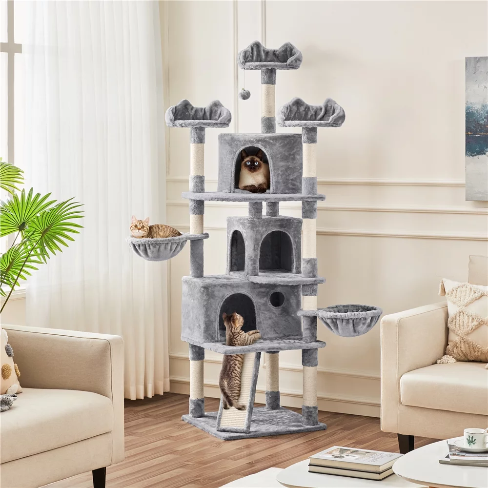 Easyfashion 76.5inch Large Cat Tree Tower with 3 Condos, Light Gray