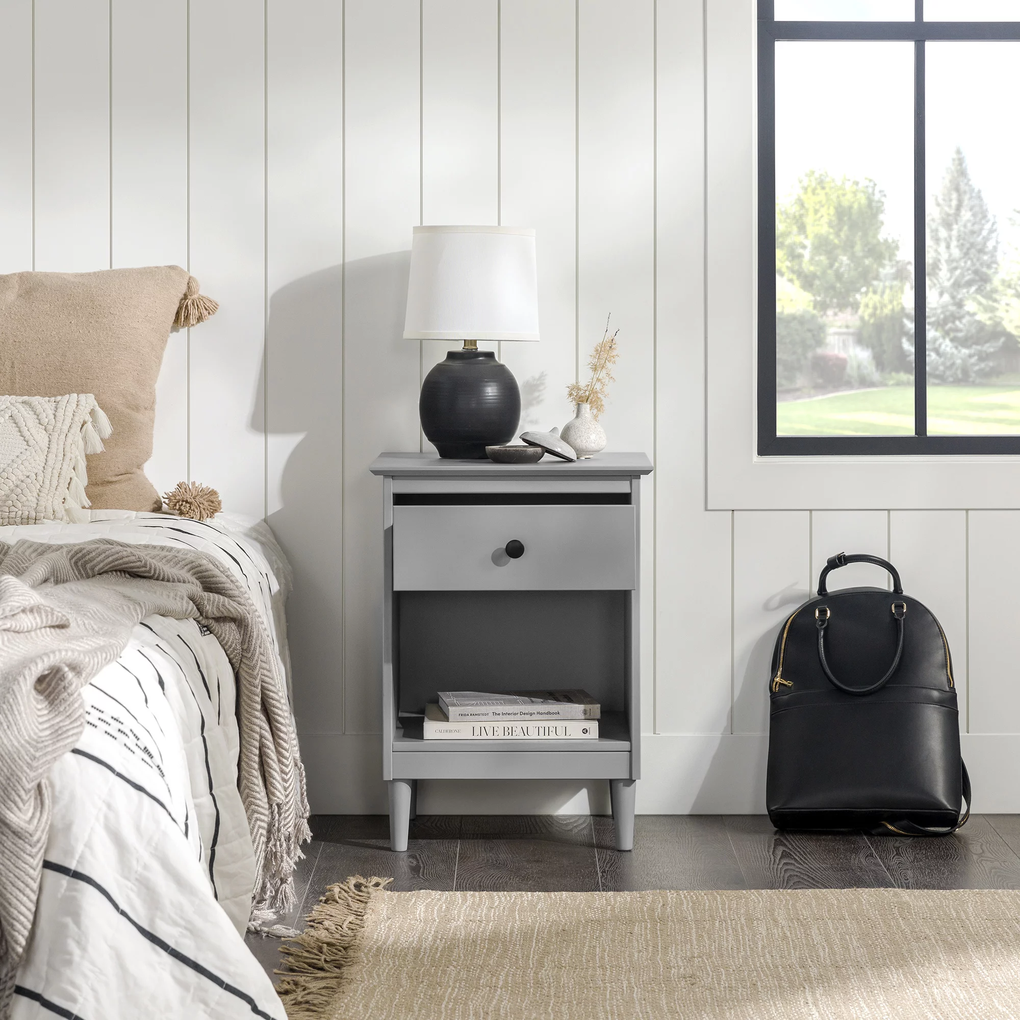 Walker Edison 25” Transitional 1-Drawer Solid Wood Nightstand, Grey