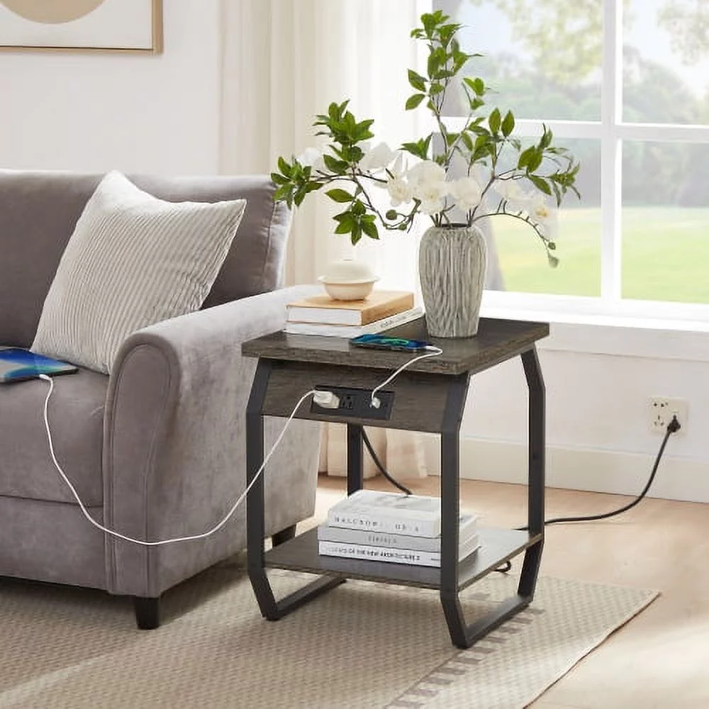 YLtoohoom with Charging Station   End Tables with USB Ports and Sockets  Bedside Tables in Living Room  Bedroom  Dark Grey 17.32‘‘ W x 17.32‘‘ D x 21.65‘‘ H.
