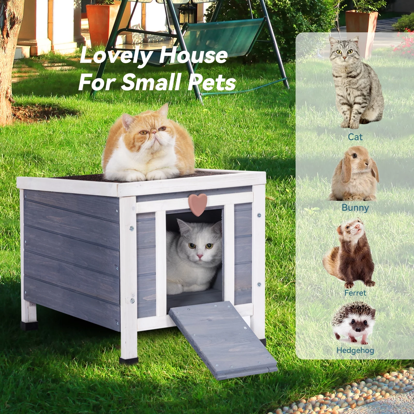 Petsfit Outdoor Cat House Higher Feet Feral House for Rabbit Hutch with Openable Roof Gray