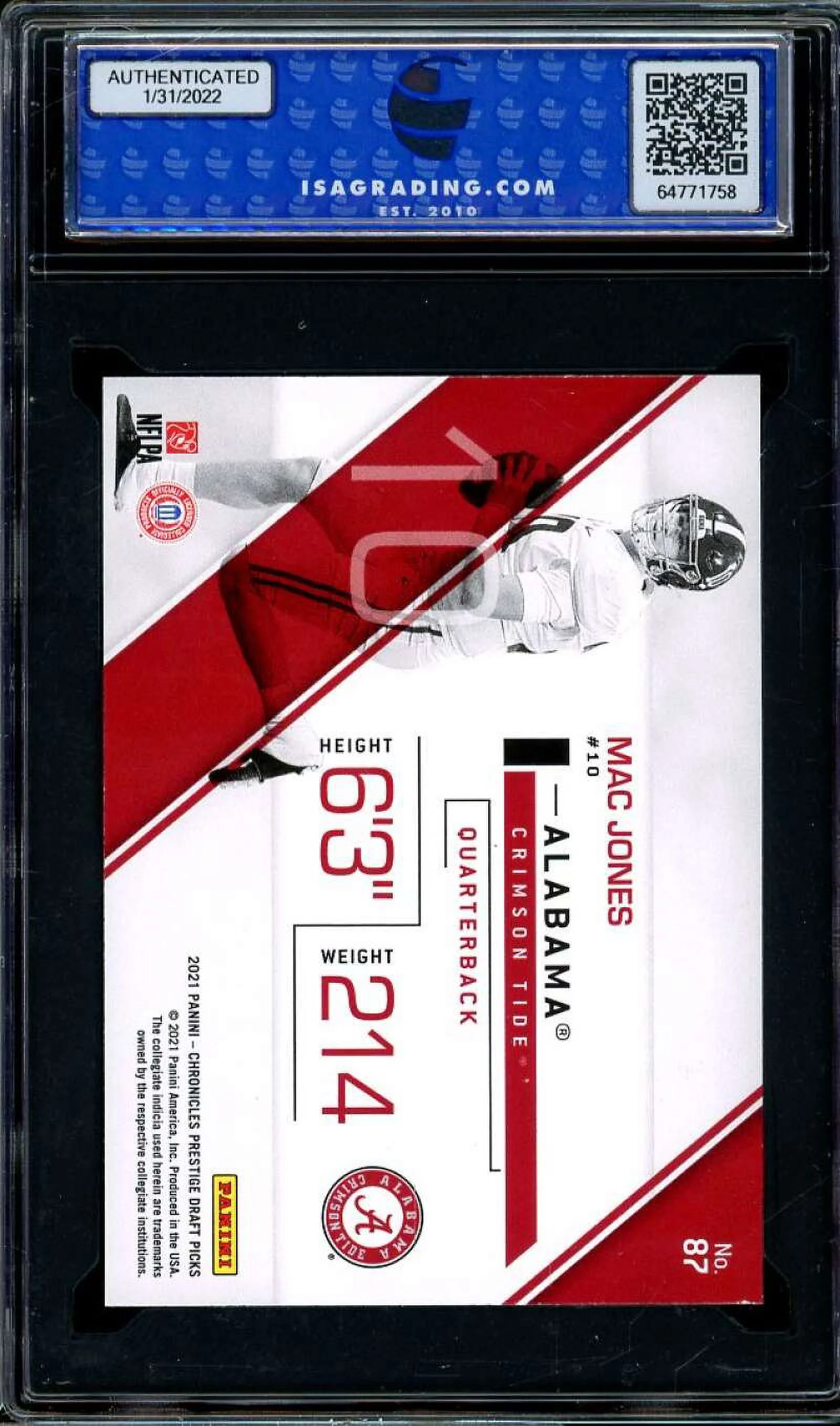 Mac Jones Rookie Card 2021 Panini Chronicles D.P. Prestige #87 ISA 8.5 NM-MT+