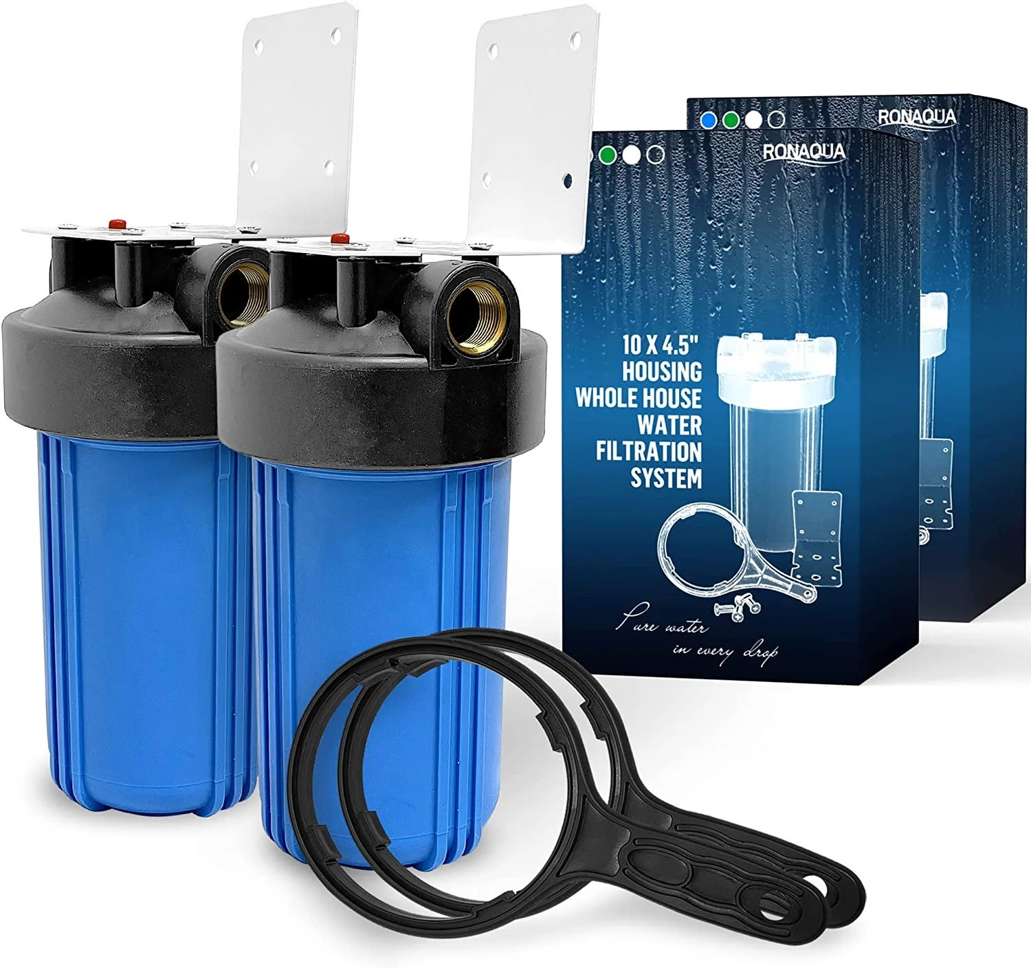 High Capacity 10 x 4.5” Whole House Filter Purifier System for Well or City Water, Presser Relief Button, 1” NPT Brass Port, Double O-ring, Meets NSF Standards & Regulations (Blue, 2 Sets)