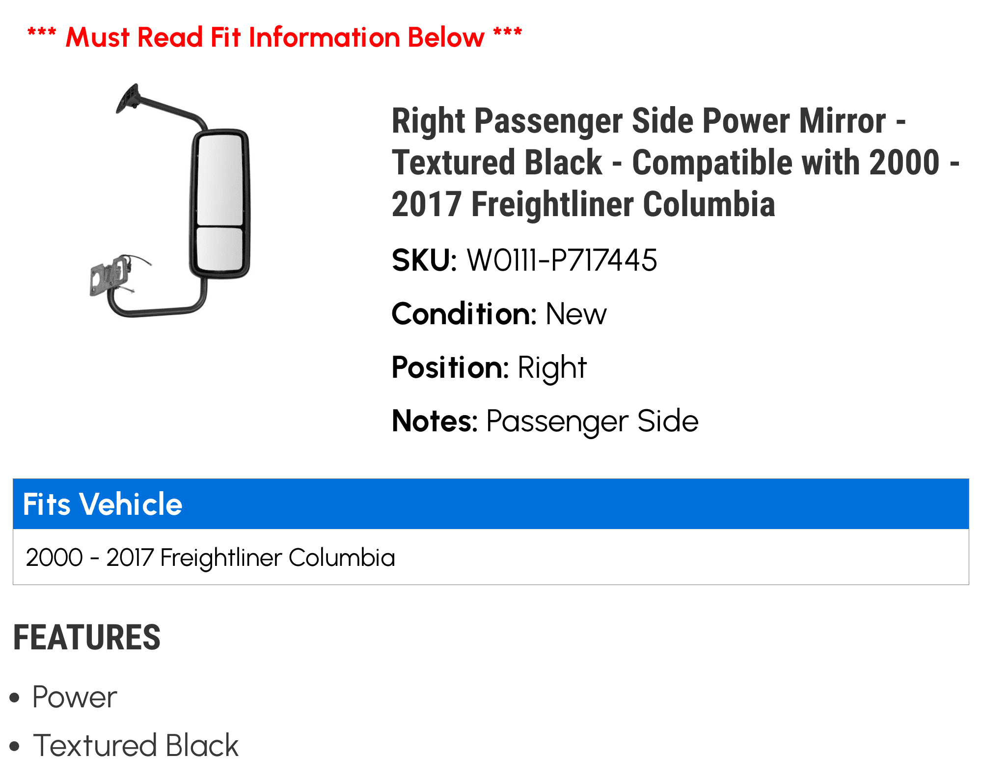 Right Passenger Side Power Mirror - Textured Black - Compatible with 2000 - 2017 Freightliner Columbia 2001 2002 2003 2004 2005 2006 2007 2008 2009 2010 2011 2012 2013 2014 2015 2016
