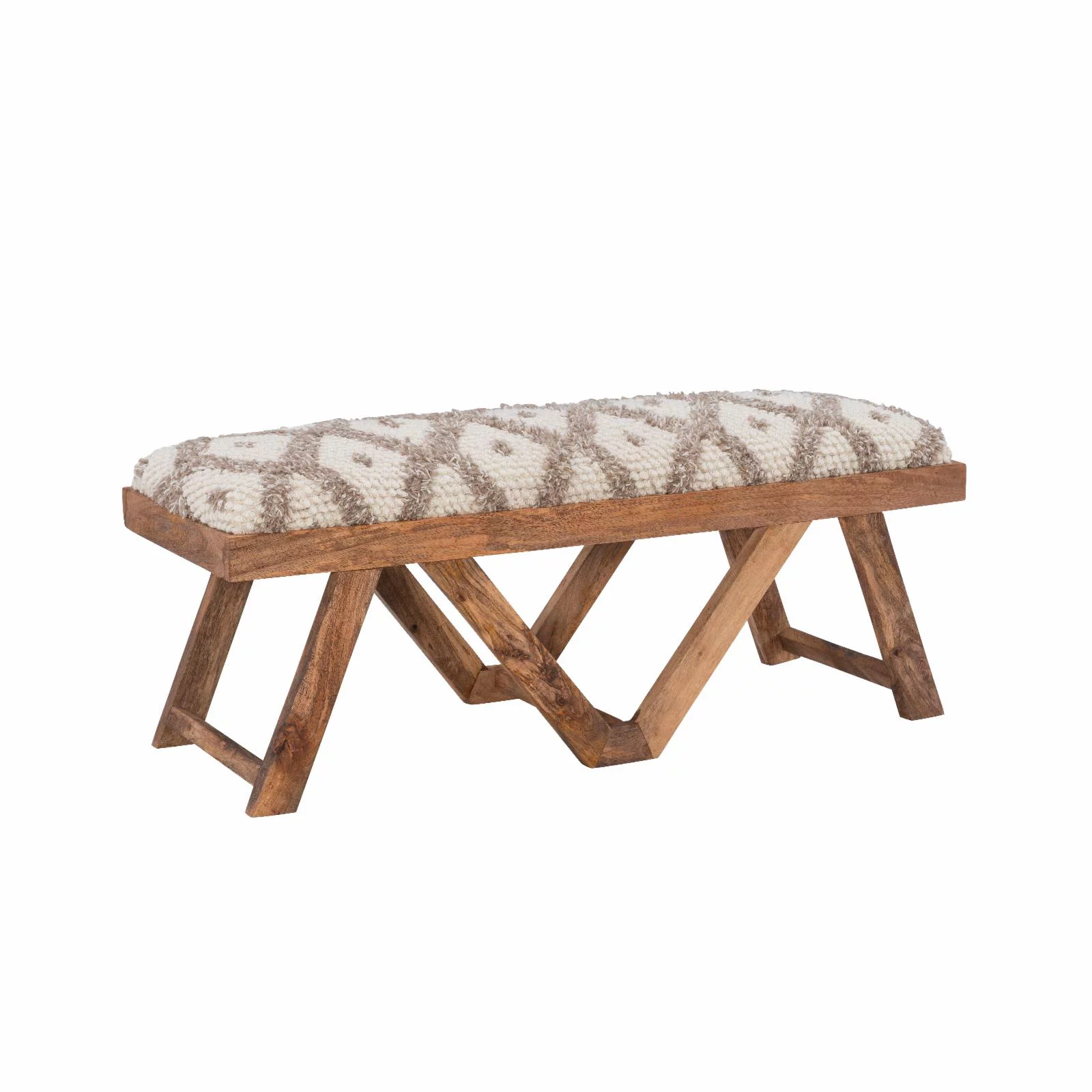 Powell Byan Bench - Brown with Off-White and Taupe Handwoven Diamond Pattern Fabric