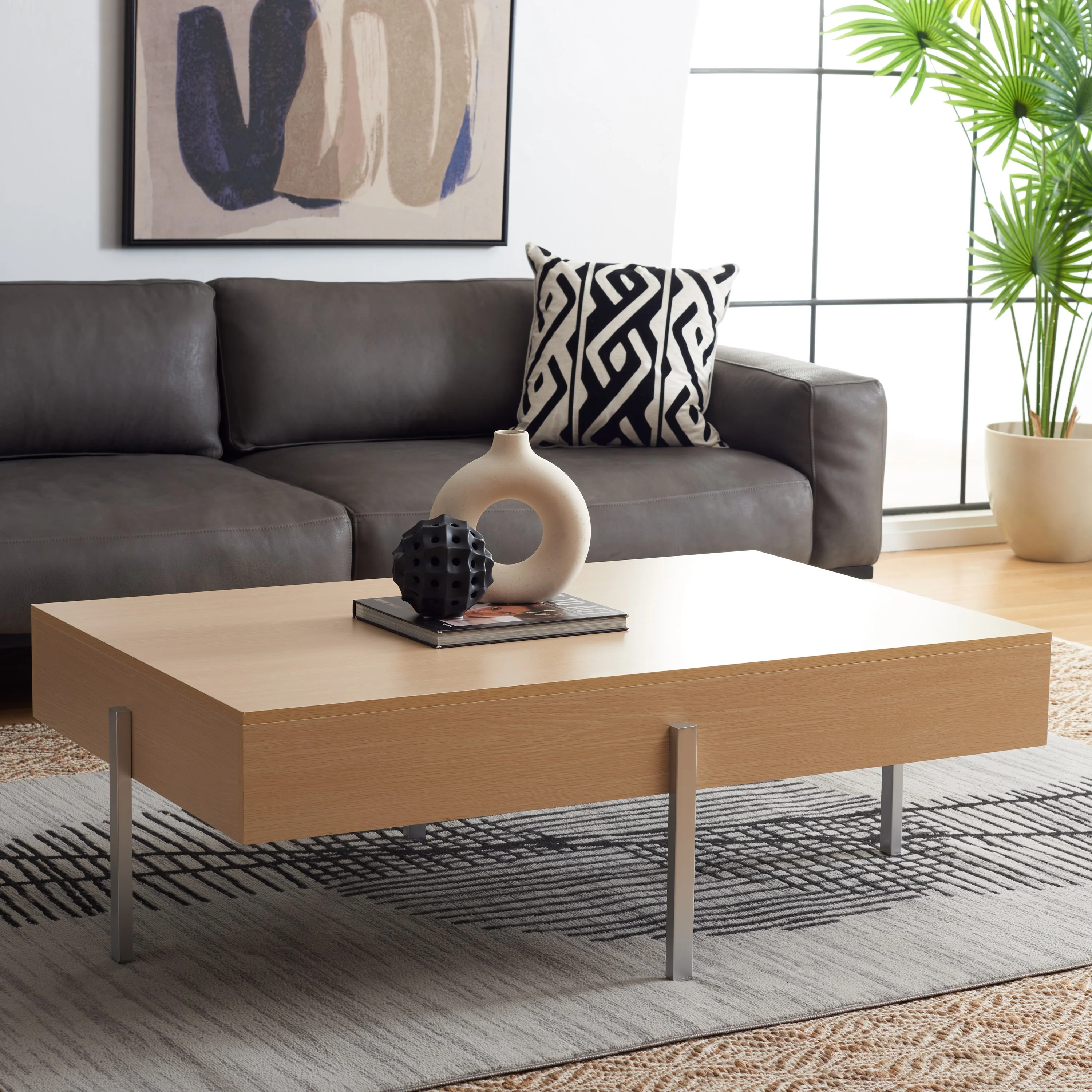 SAFAVIEH Jaxith Contemporary Coffee Table, Natural/Silver (47.2 in. W x 29.9 in. D x 16.1 in. H)