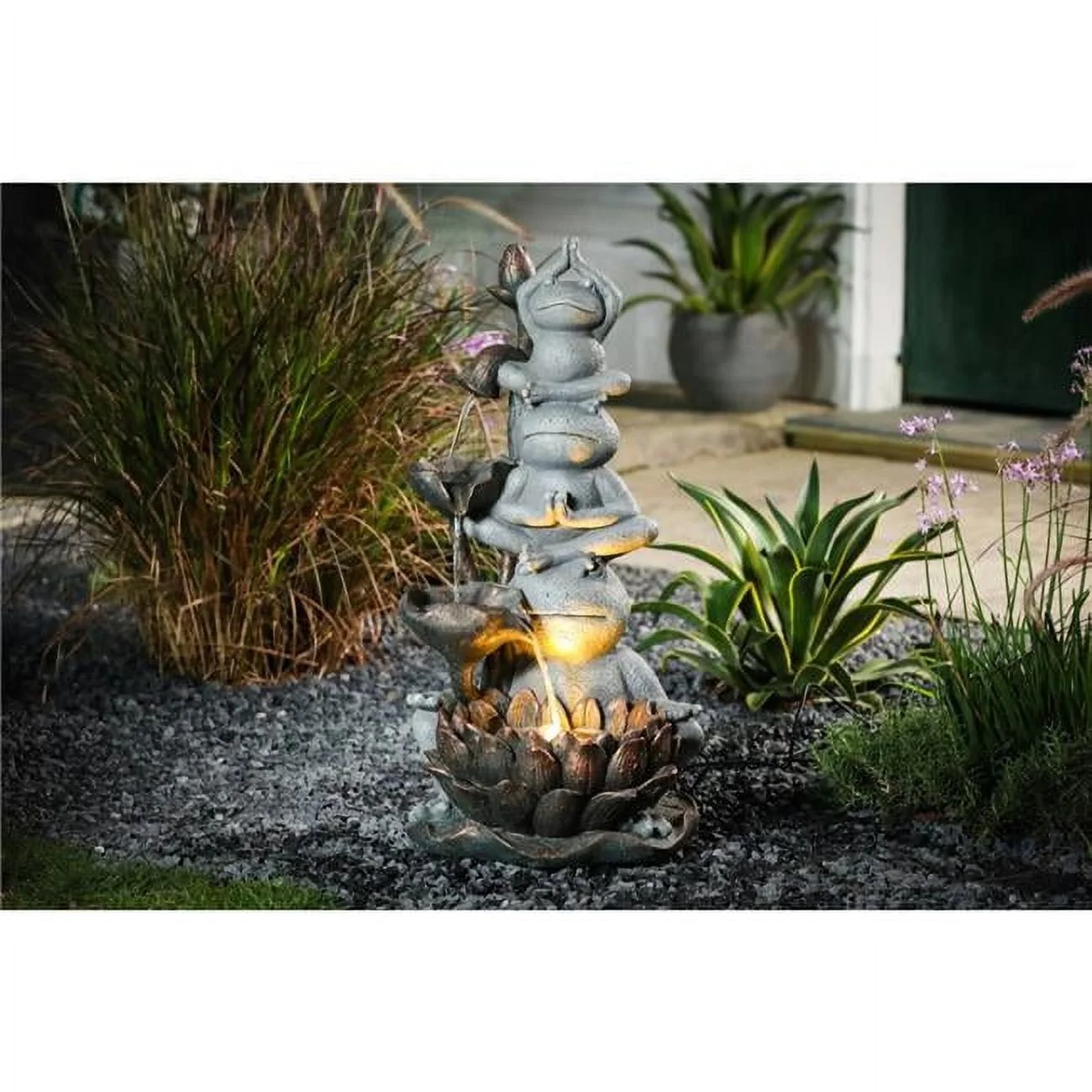 LuxenHome Gray Resin Frog Totem Lotus Flower Outdoor Fountain with Lights