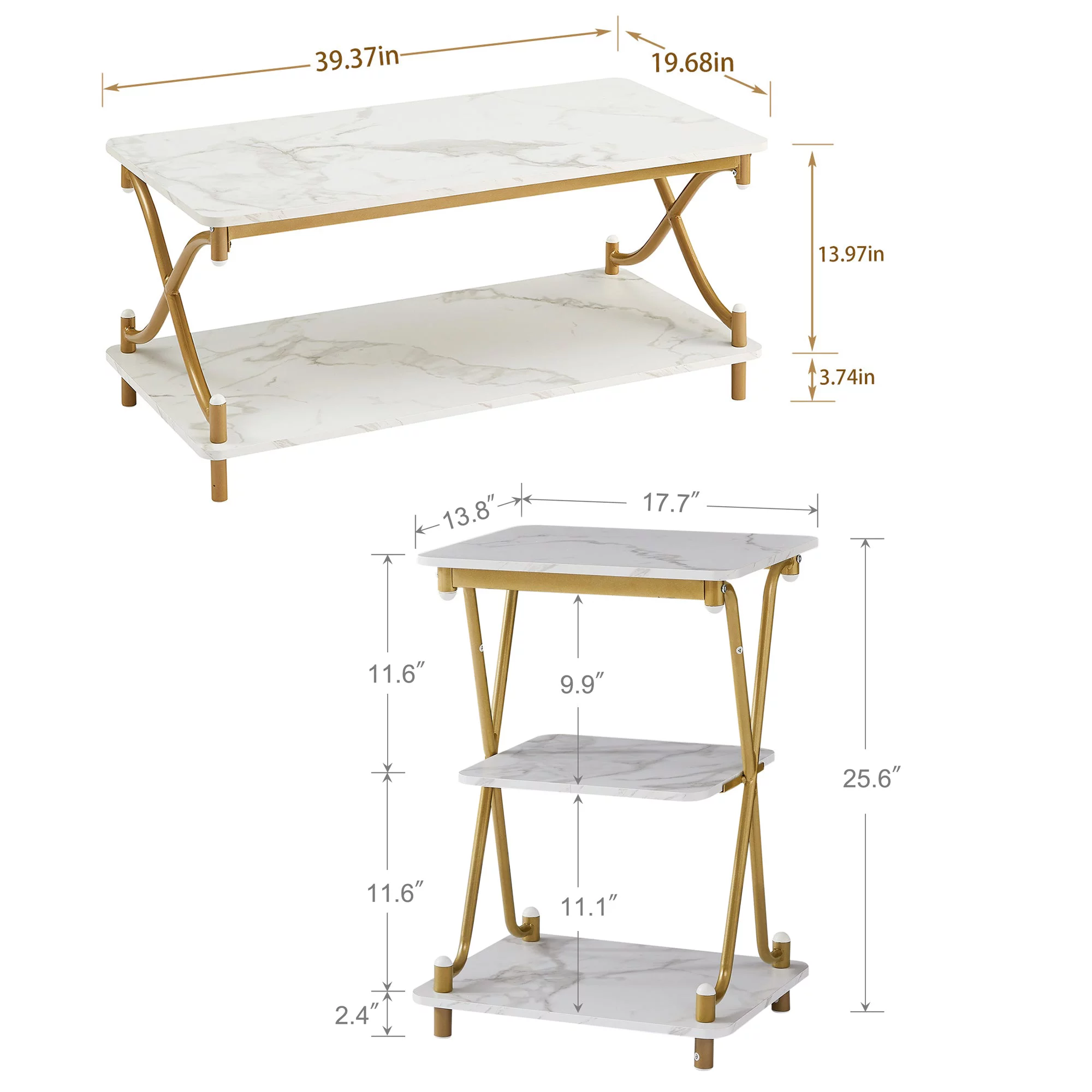 VECELO 3-Piece Coffee Table Set with Coffee Table + 2 End Tables, Modern X-Shaped Design Living Room Table Set, Gold