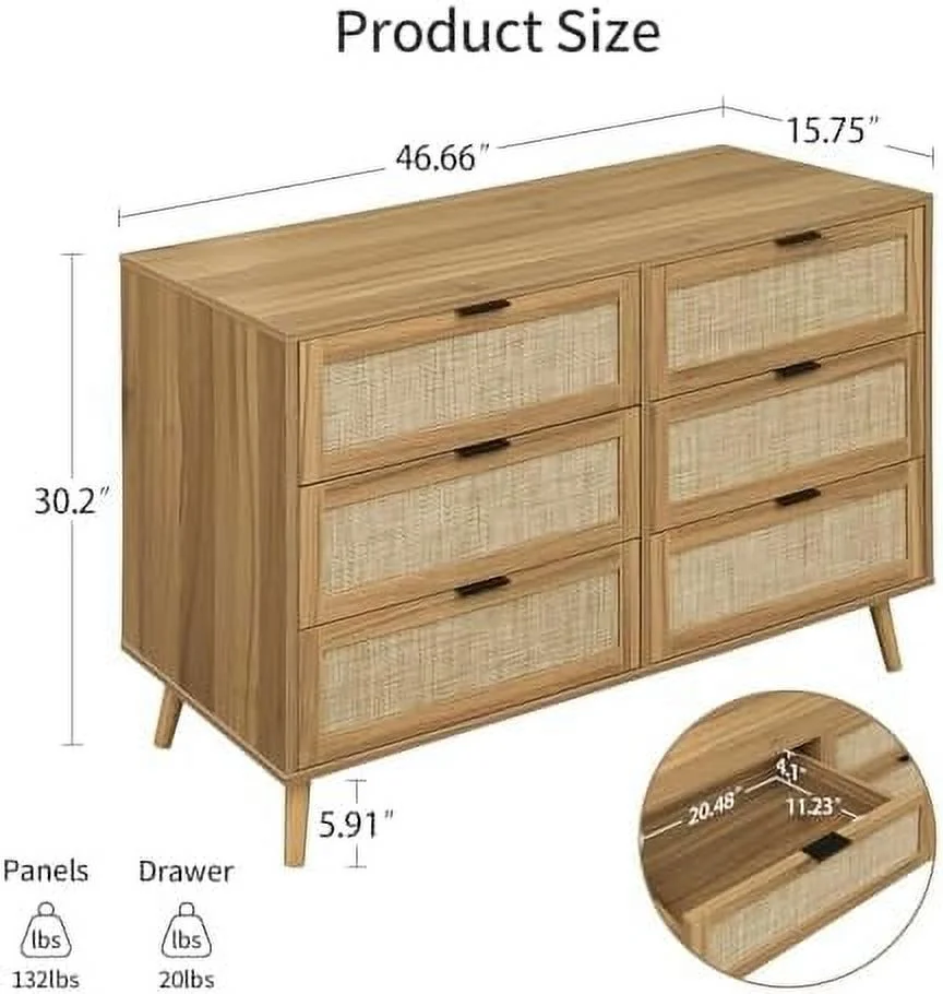 HBLUKDL Rattan Dresser Cabinet with 6 Drawer-Modern Clothing Organizer Double Dresser for Nursery with Metal Handles Wide Wood  Chest of Drawers for Bedroom Living Room Hallway (Natural)