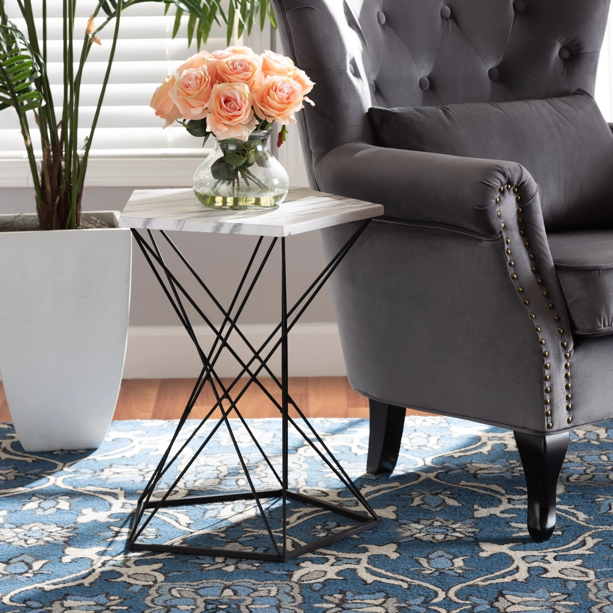 Baxton Studio Oberon Modern and Contemporary Metal End Table with Faux Marble Top