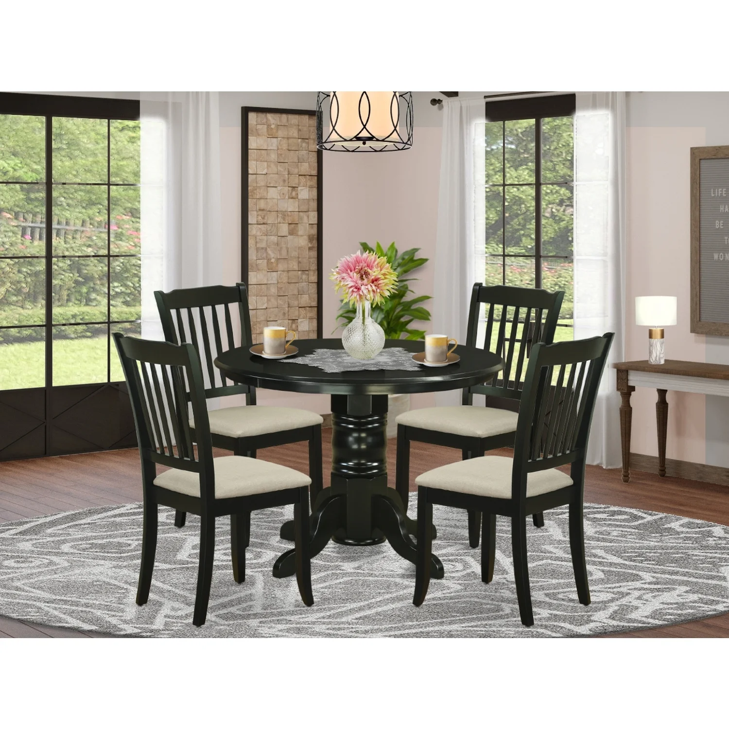 HomeStock Retro Renaissance 5Pc Dining Set Includes A Round Dining Room Table And Four Vertical Slatted Linen Seat Kitchen Chairs, Black Finish