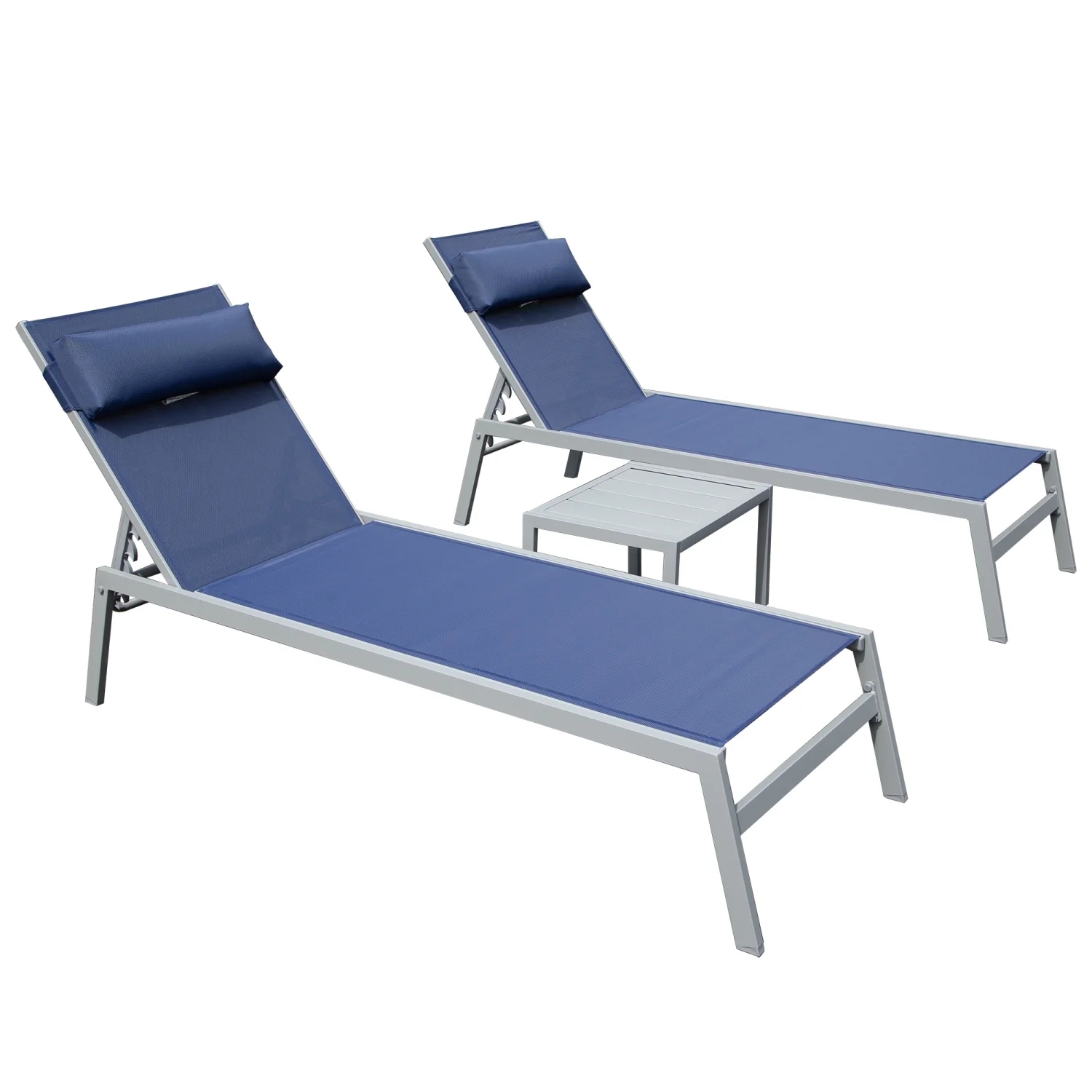 Elegant and Stylish Set of 3 Navy Blue Patio Chaise Lounge  Modern Aluminum Outdoor Pool Lounge Chairs with Adjustable Recliner and Side Table Included  All-Weather Furniture for Poolside
