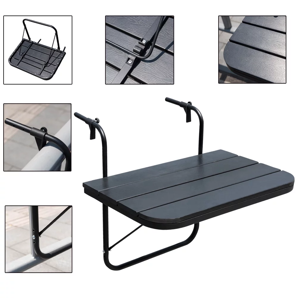 Sundale Outdoor Folding Deck Table Patio Garden Adjustable Balcony Hanging Railing Table, Black