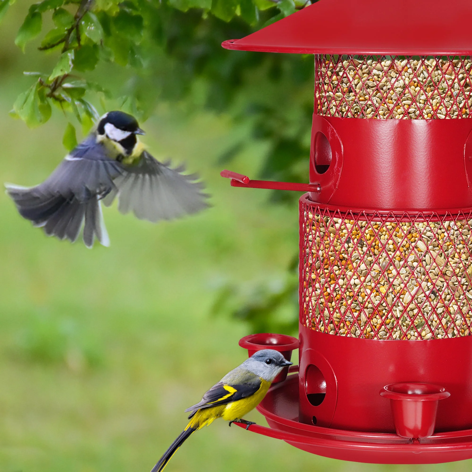 VECELO Metal Bird Feeder for Outdoors Hanging, Heavy Duty Water Resistance Squirrel-Proof Bird Feeders for Garden Yard Outside Decoration, Red