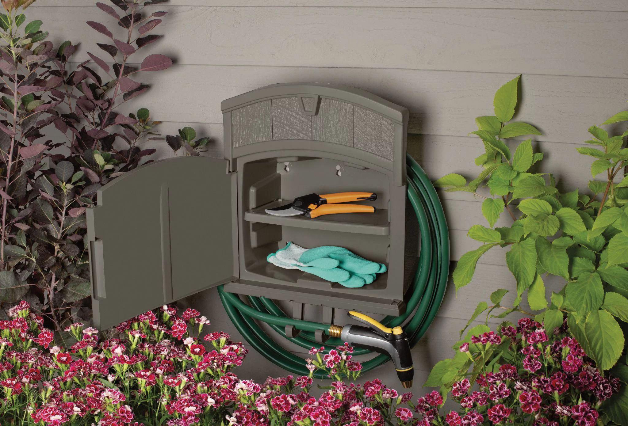 Suncast 150 ft. Garden Hose Hanger with Cabinet Farmington Gray
