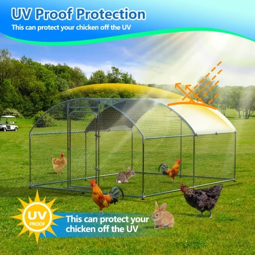 Metal Large Chicken Coop Walk-in Poultry Cage Large Chicken Run Arc Shaped Cage with Waterproof Anti-Ultraviolet Cover, 1.00