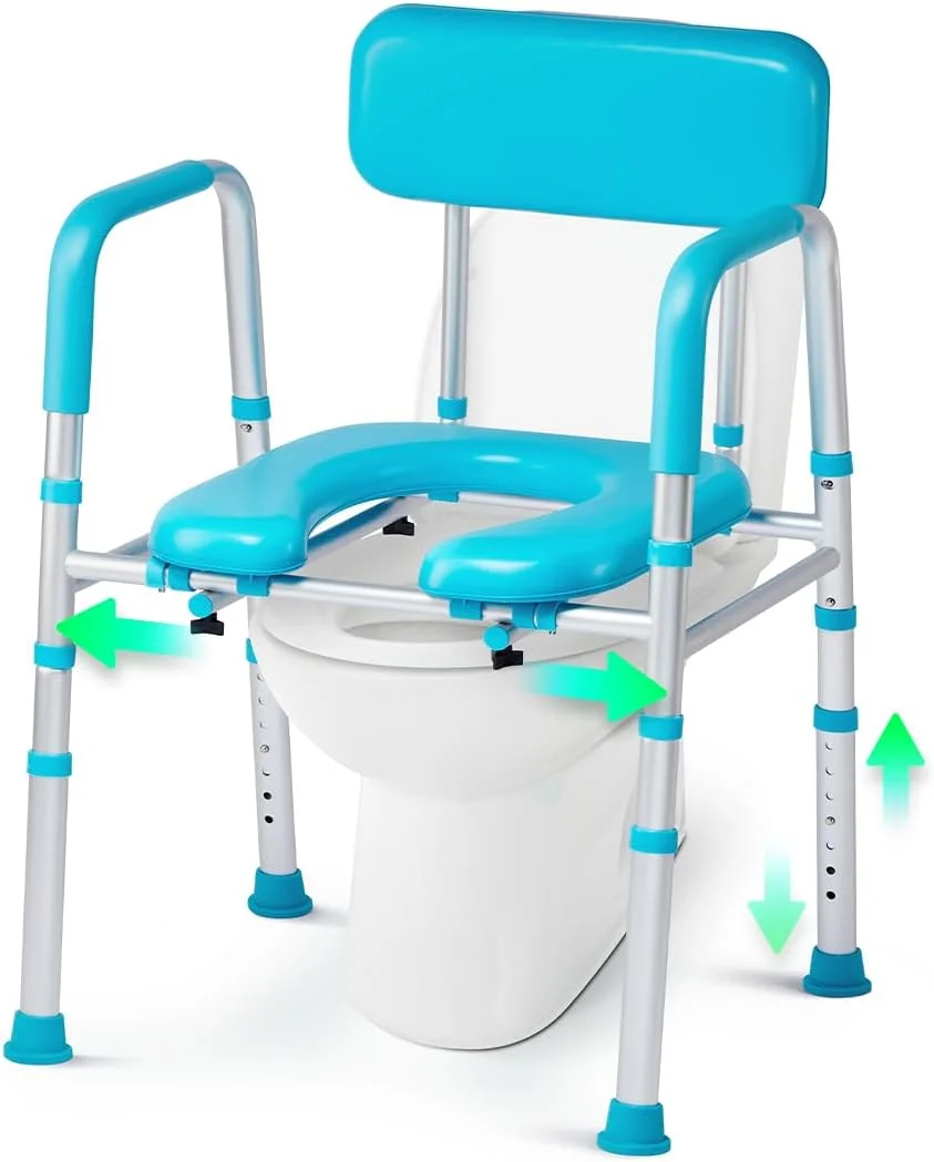 Width Adjustable Raised Toilet Seat with Padded Handles, 500lb Heavy Duty Toilet Seat Riser with Back for Elderly, Adjustable Height 3-in-1 Toilet Safety Frame with Soft Seat, Fits Most Toilets