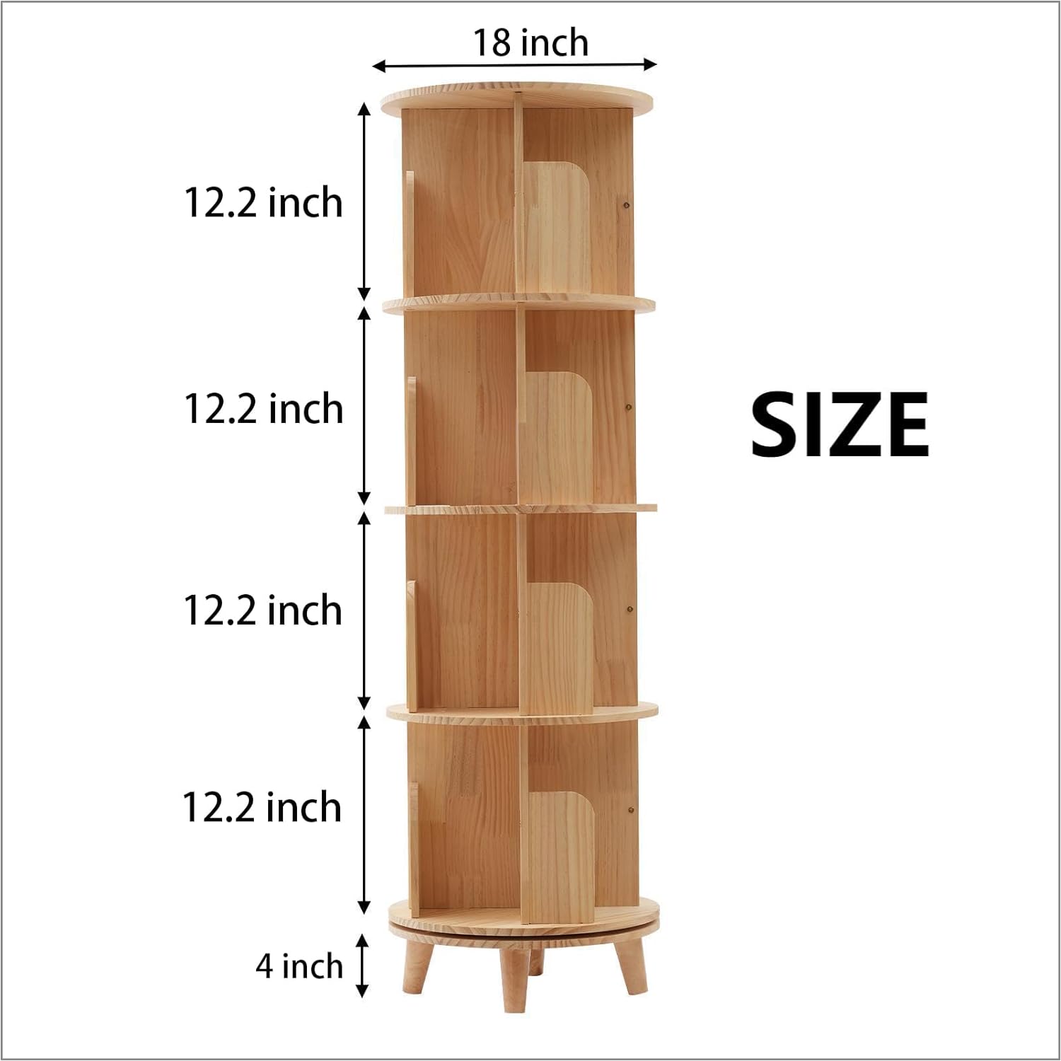 U-ToBe 4 Tier Rotating Bookshelf with Legs, Floor Standing Bookshelf Stackable Bookshelf Wood Bookcase Storage 360 Display Book Shelf for Living Room Bedroom