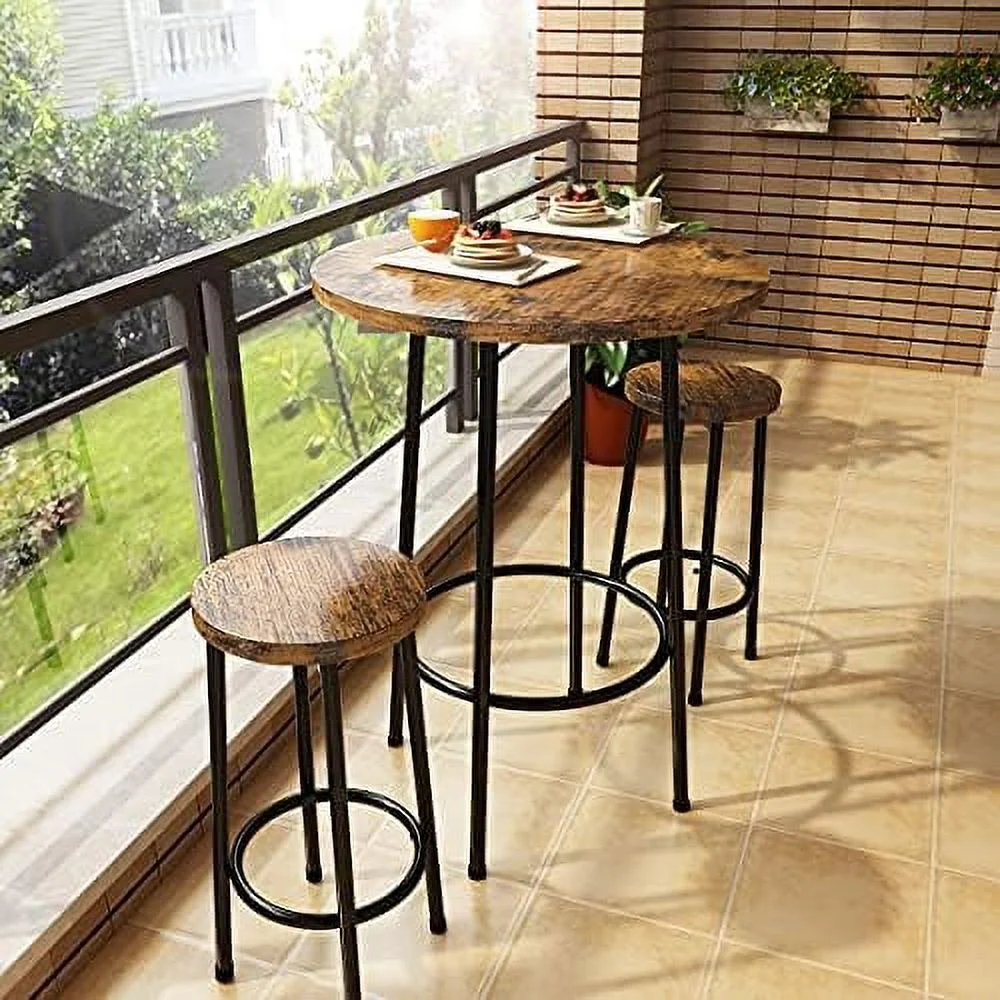 TQJKLFDY 3 Piece Pub Dining Set  Modern  Table and Stools for 2 Kitchen Counter Height Wood Top Bistro Easy Assemble for Breakfast Nook Living Room Small Space Restaurant  Rustic Brown 24