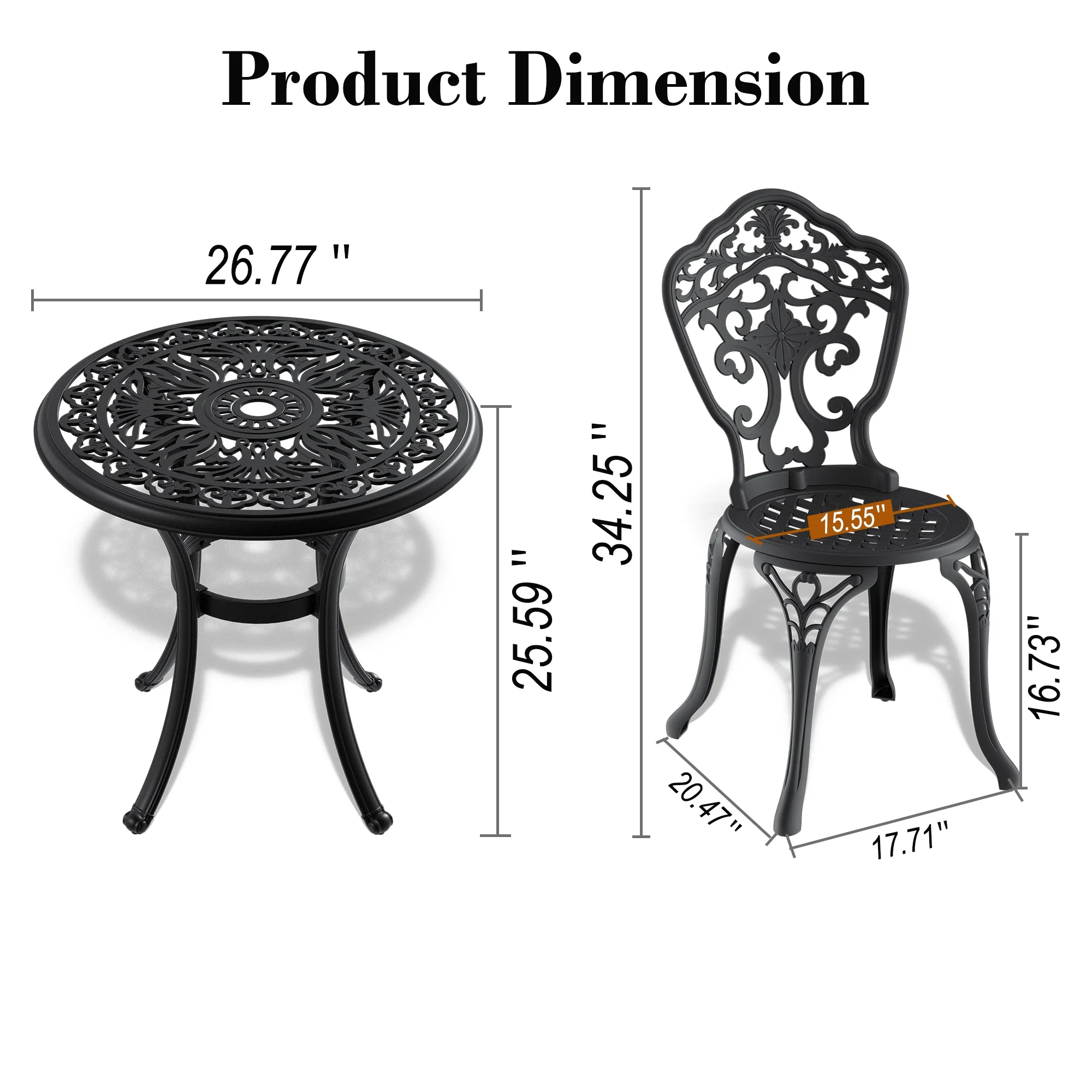 3-Piece Cast Aluminum Patio Bistro Furniture Set, Patio Bistro Set with Umbrella Hole