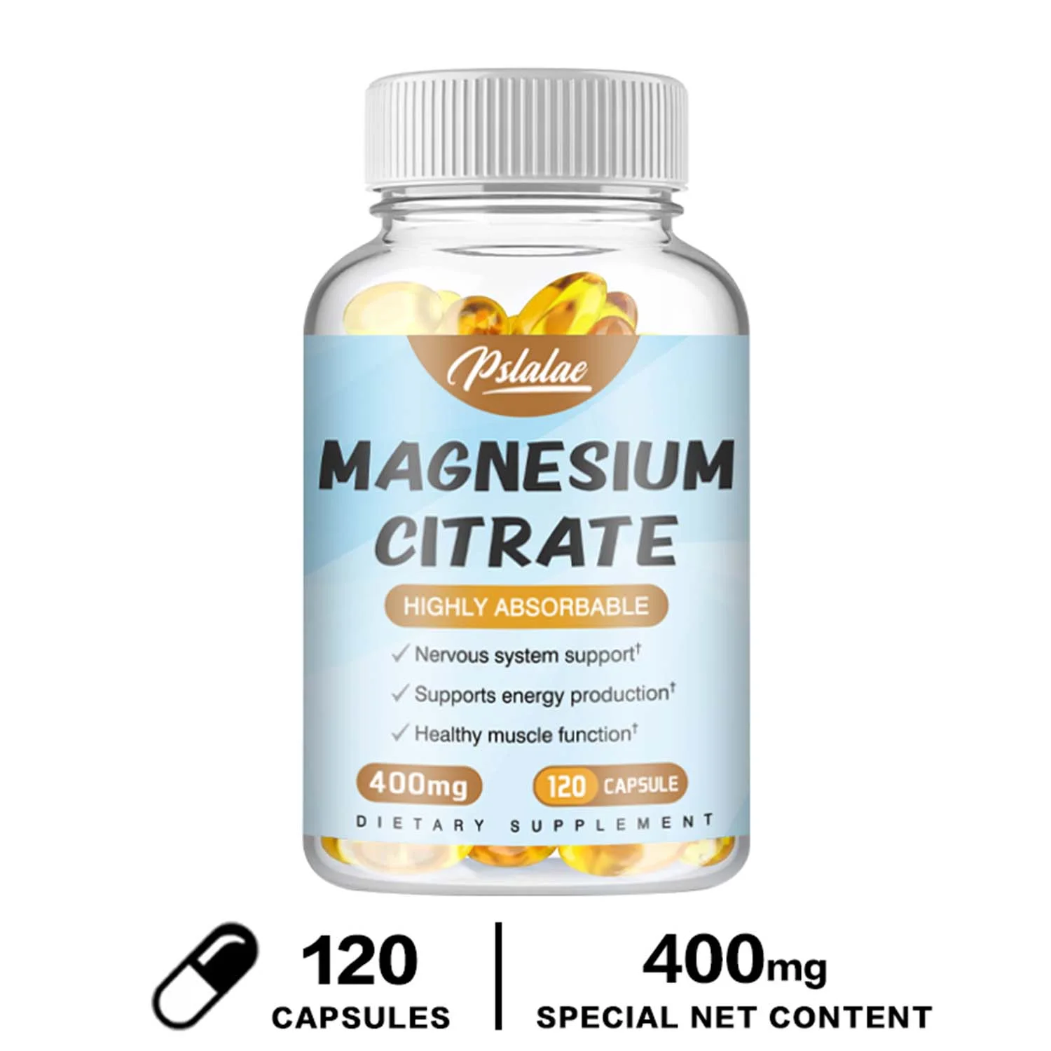 Pslalae Magnesium Citrate 400mg - Energy, Muscle, Bone Support, Relieve Leg Cramps (30/60/120pcs)