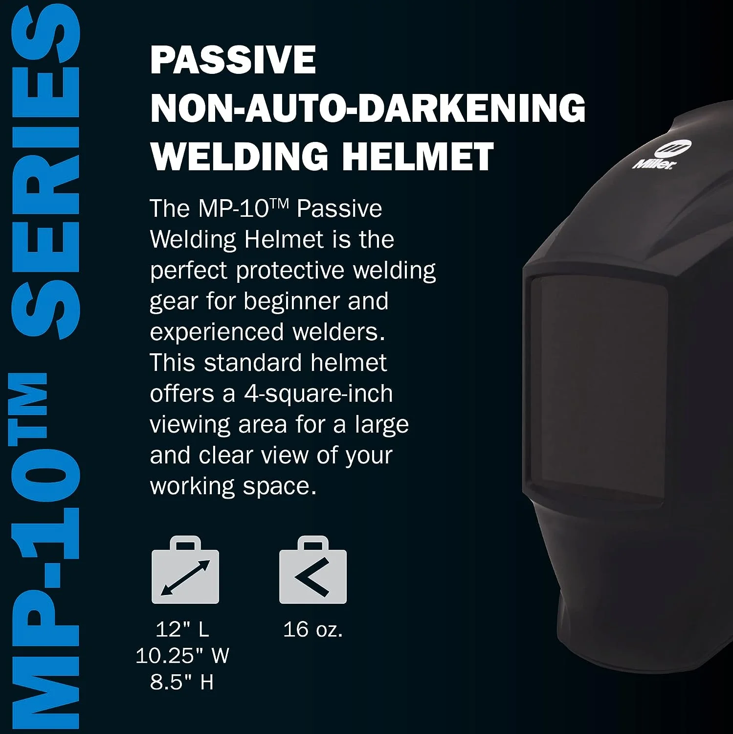 Miller 238497 Fixed Shade Welding Helmet, MP-10, Black