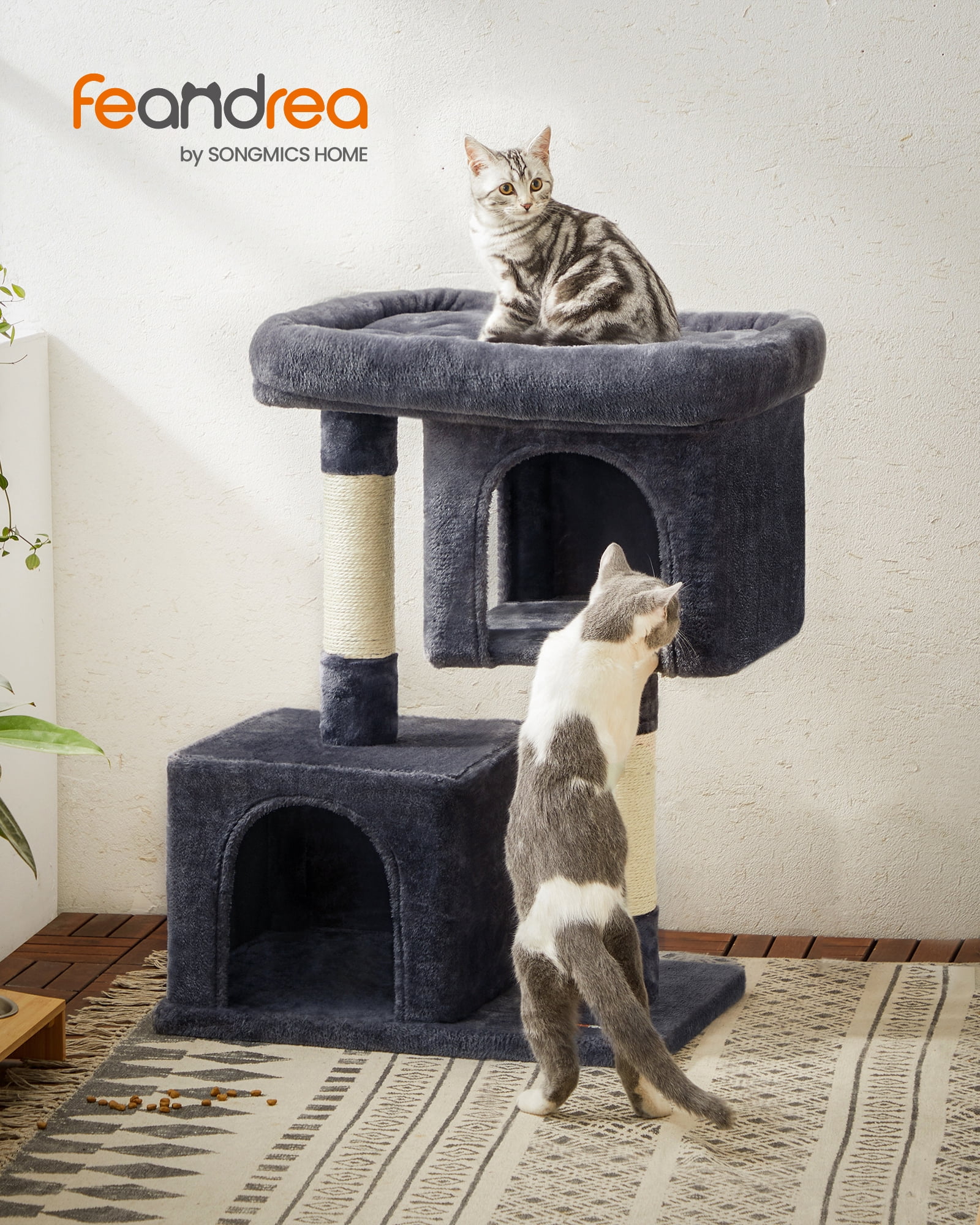 Feandrea Cat Tree 33.1-Inch Cat Tower for Large Cats up to 16 lb, Large Perch, 2 Cat Caves, Scratching Post, Smoky Gray