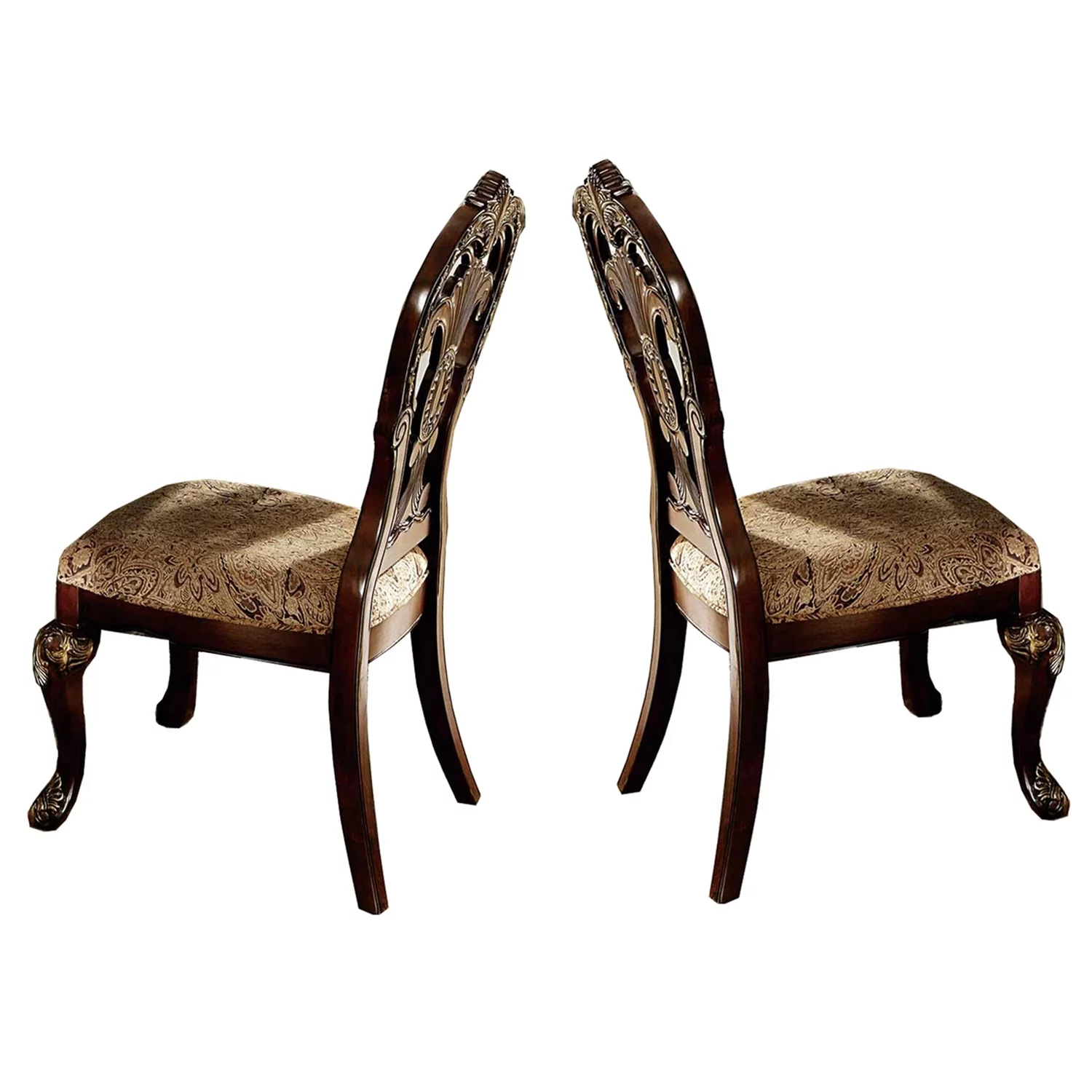 Benzara Wood Fabric Arm Chair With Deep Engraved Design, Brown & Beige (Set of 2)